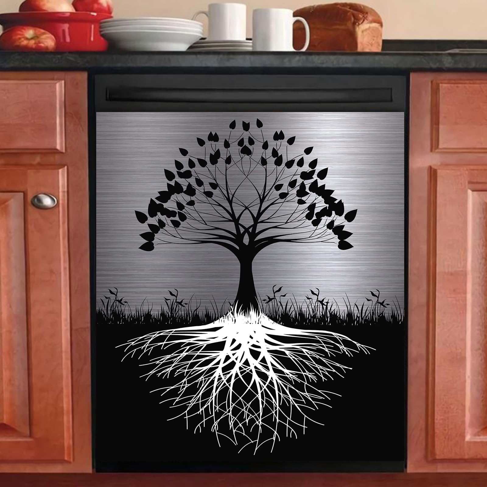 Tree of Life Dishwasher Cover Magnet Decor - 23x26 Inch Large Polishing Metal Dishwasher Front Panel - Black Kitchen Appliance Decal - Silver Magnetic Sticker for Refrigerator & Dishwasher - Perfect for Modern Kitchen Decor & Home Improvement