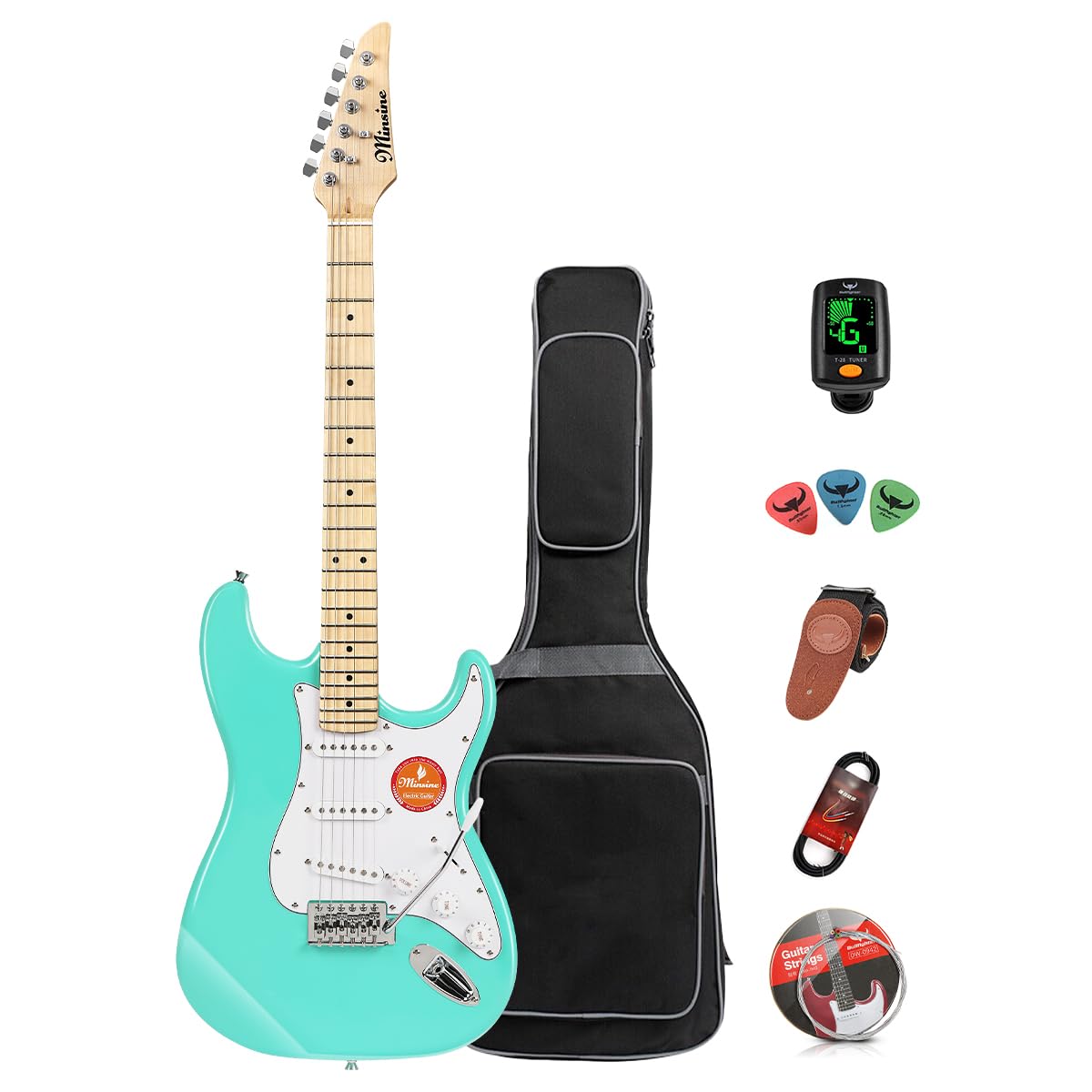 39 Inch Full Size Electric Guitar Kit with Solid Body, S-S-S Pickups & 6 Strings - Includes Gig Bag, Strap, Tremolo Arm, Cable & Picks - Perfect for Beginners & Practice (Green) - Ideal for Home Studio, Live Performances & Music Learning
