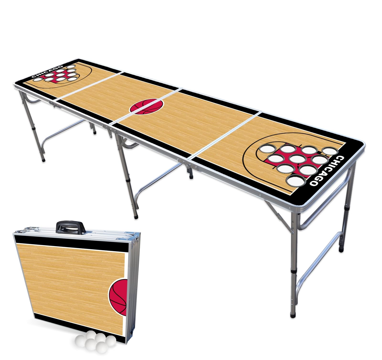 8-Foot Folding Portable Beer Pong Table with Optional Cup Holes & LED Lights - Chicago Bulls Basketball Court Design - Perfect for Parties, Tailgates & Backyard Games (Choose Your Model)