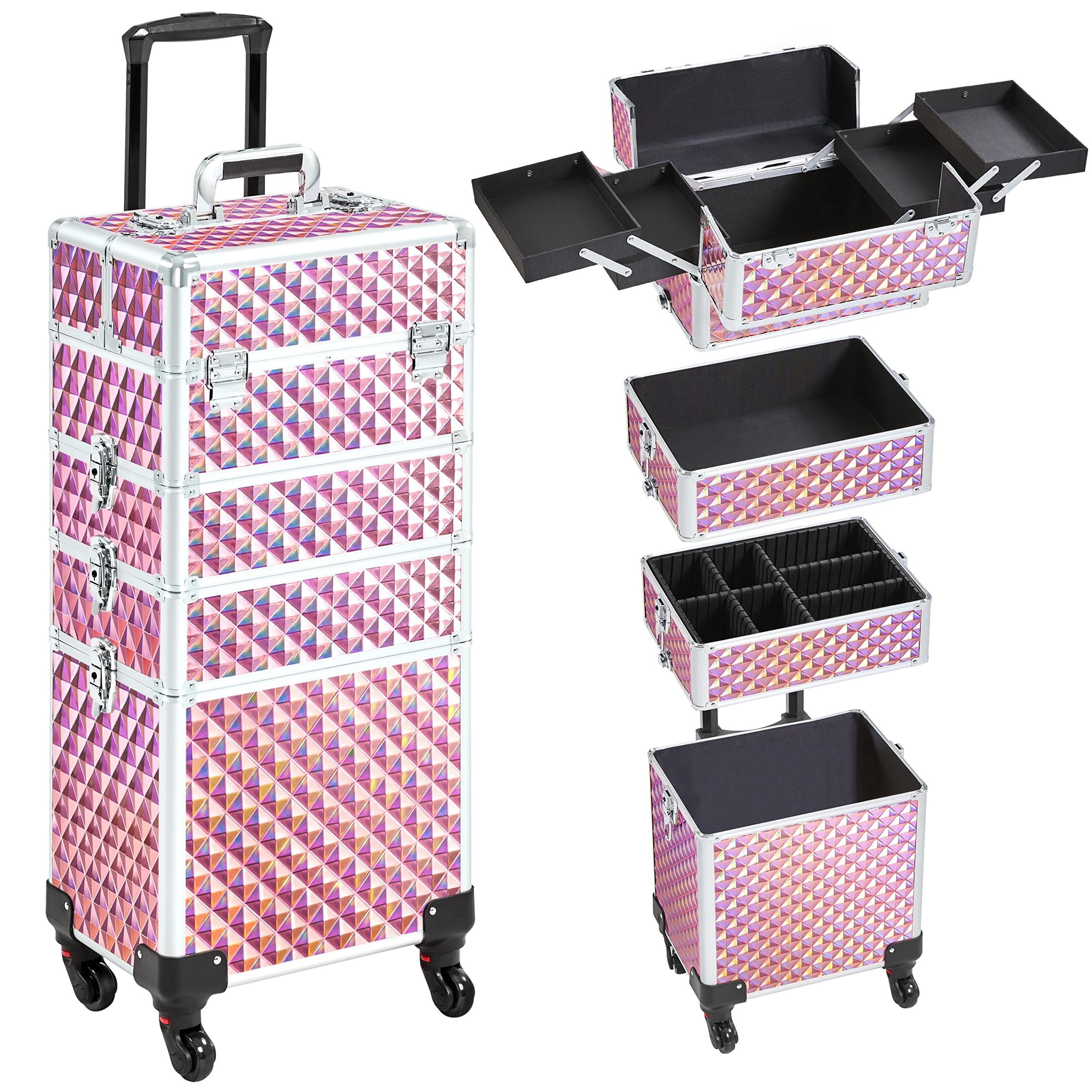Yaheetech 4-in-1 Professional Makeup Train Case - Rolling Cosmetic Trolley with 4 Detachable Swivel Wheels, Makeup Organizer & Travel Case in Glitter Pink | Perfect for Salon Artists, Mobile Makeup Services & Beauty Professionals On-The-Go