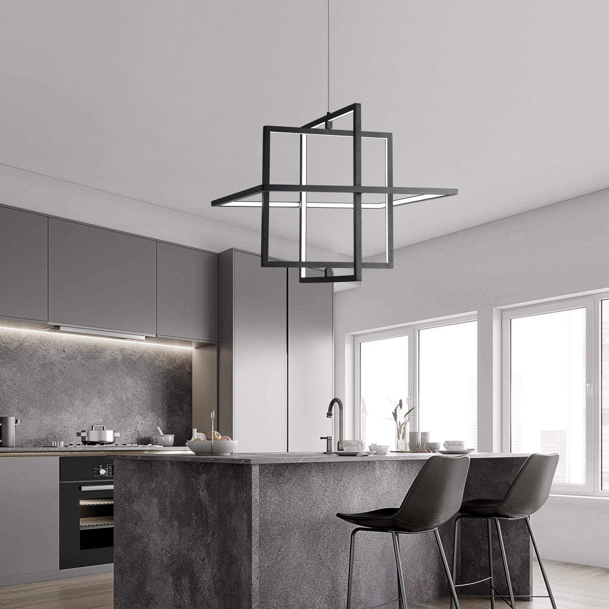 Modern Square LED Chandelier - Dimmable 90W Pendant Light with 6000K Cool White - Contemporary Hanging Light Fixture for Living Room, Dining Room, Bedroom, Kitchen & Study - Perfect for Modern Home Decor & Ambient Lighting (Black)