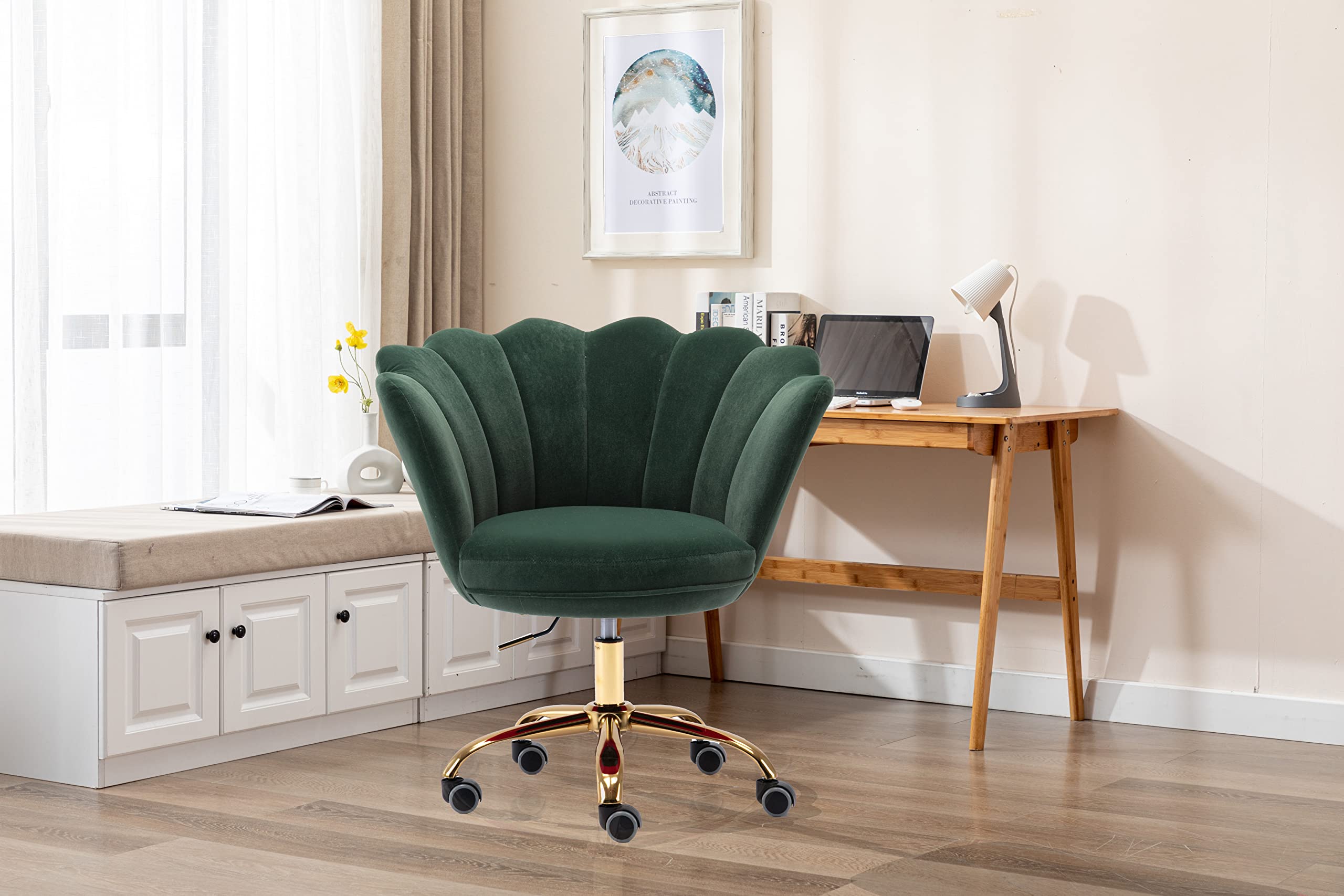 Ergonomic Home Office Desk Chair with Wheels - Adjustable Swivel Task Chair for Work, Study & Makeup - Velvet Upholstered Vanity Chair for Living Room & Bedroom (Dark Green) - Perfect for Remote Work, Gaming & Beauty Stations