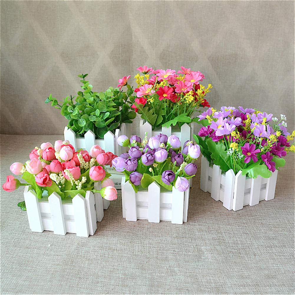 Artificial Flowers Faux Roses in White Picket Fence Pot - Pack of 2 Home Decor for Living Room, Wedding Centerpiece & Farmhouse Style Decorations