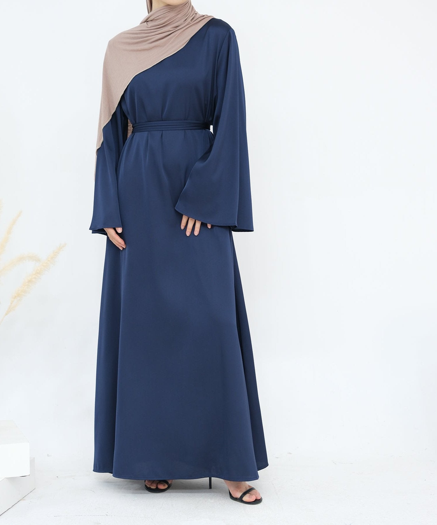 Elegant Calista Trumpet Sleeves Satin Dress in Denim Blue - Perfect for Weddings, Parties & Special Occasions
