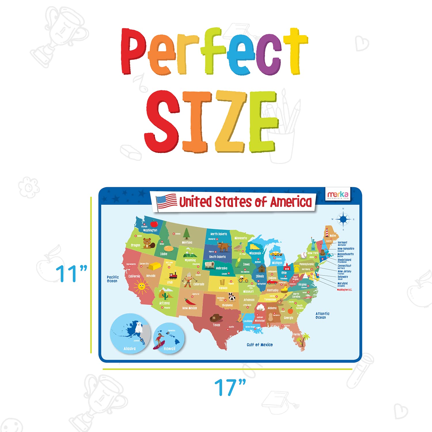 merka Kids Learning Placemats Set of 4 - Non-Slip Silicone Educational Mats with Solar System, Human Body, World Geography & USA Map - Perfect for Dining Table, Classroom & Homeschooling Activities