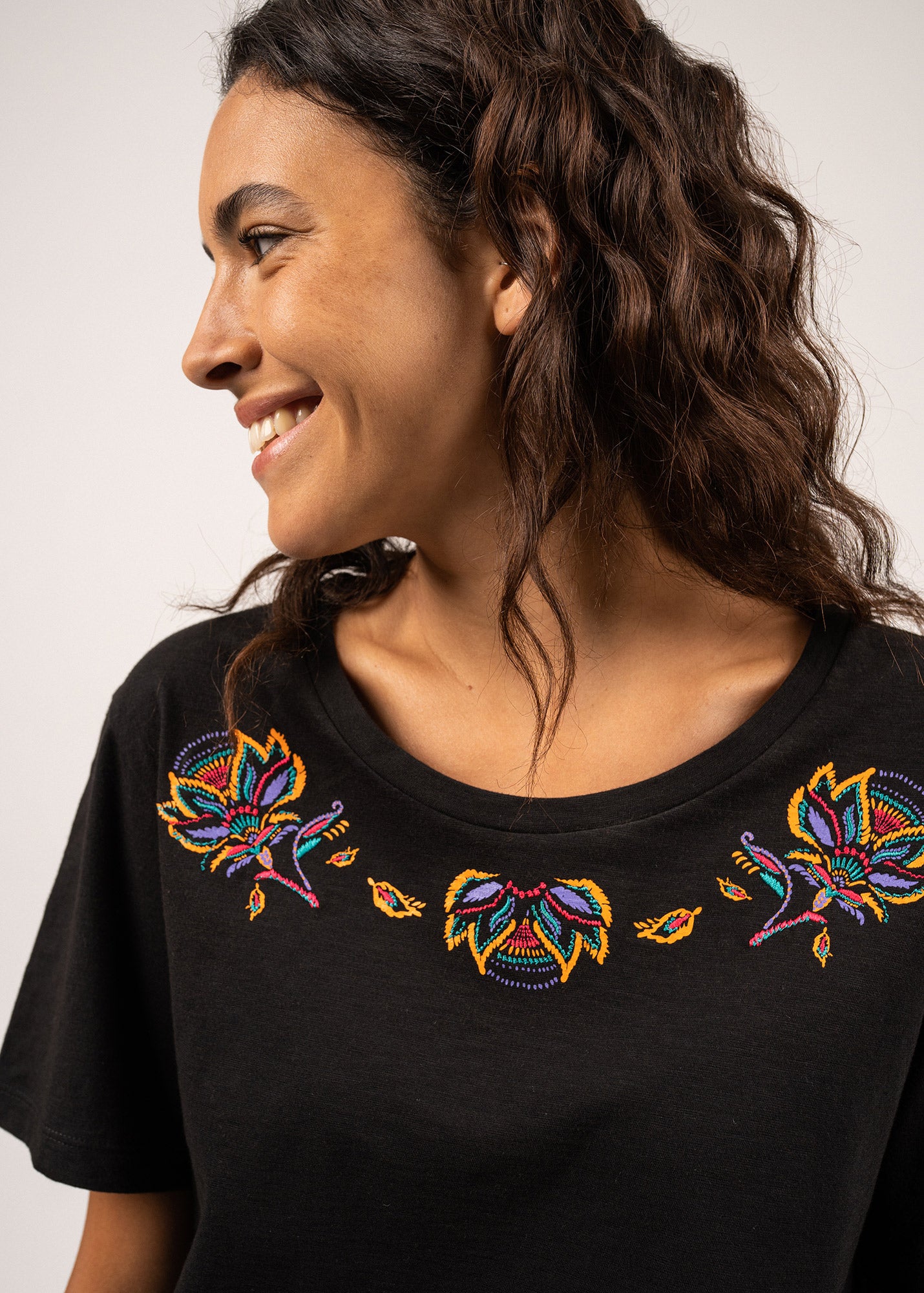 SHANON Women's Embroidered Floral T-Shirt | 100% Premium Pima Cotton | Soft Breathable Casual Top (Black) | Perfect for Everyday Wear, Summer Outfits & Casual Occasions
