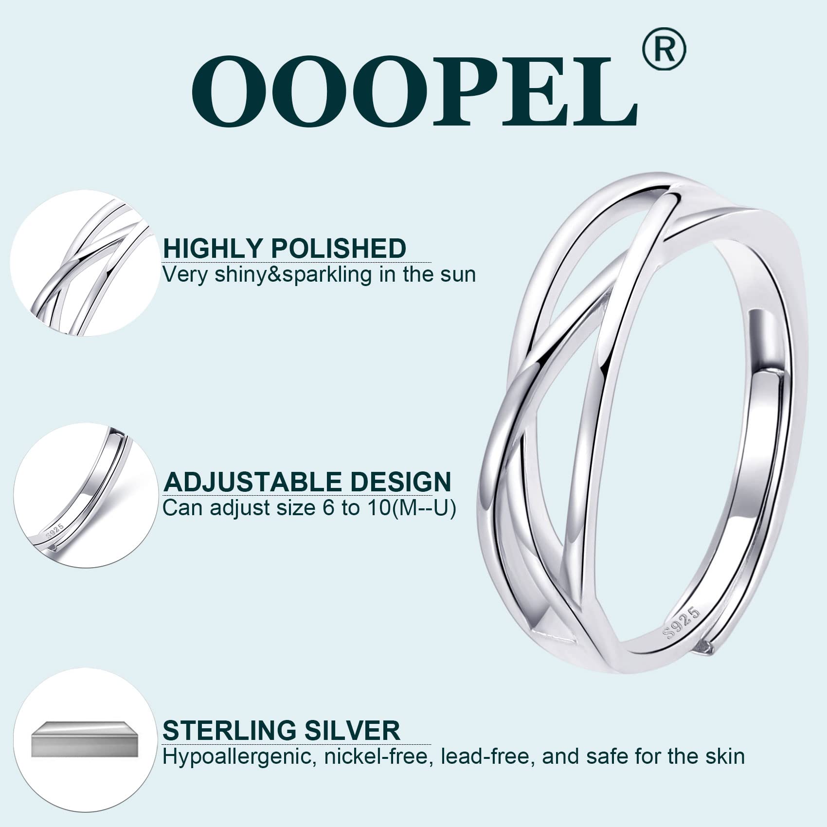 OOOPEL Sterling Silver Adjustable Ring S925 - Cubic Zirconia Twist Love Knot Dainty Ring for Women | Minimalist Open Finger Rings | Perfect for Everyday Wear, Date Nights & Gifts