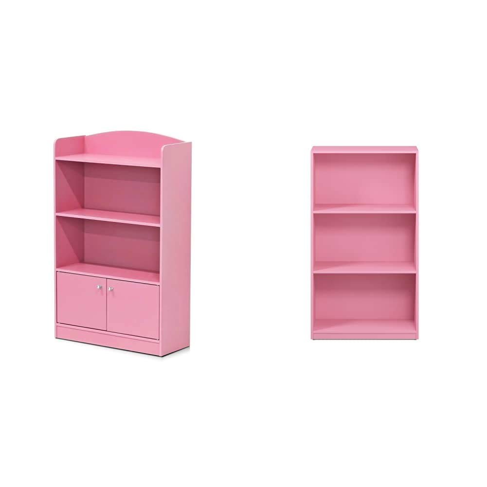 FURINNO Stylish 3-Tier Kids Bookshelf with Storage Cabinet - Pink Bookcase Organizer for Bedroom, Nursery & Playroom - Space-Saving Storage Solution for Books, Toys & Decor