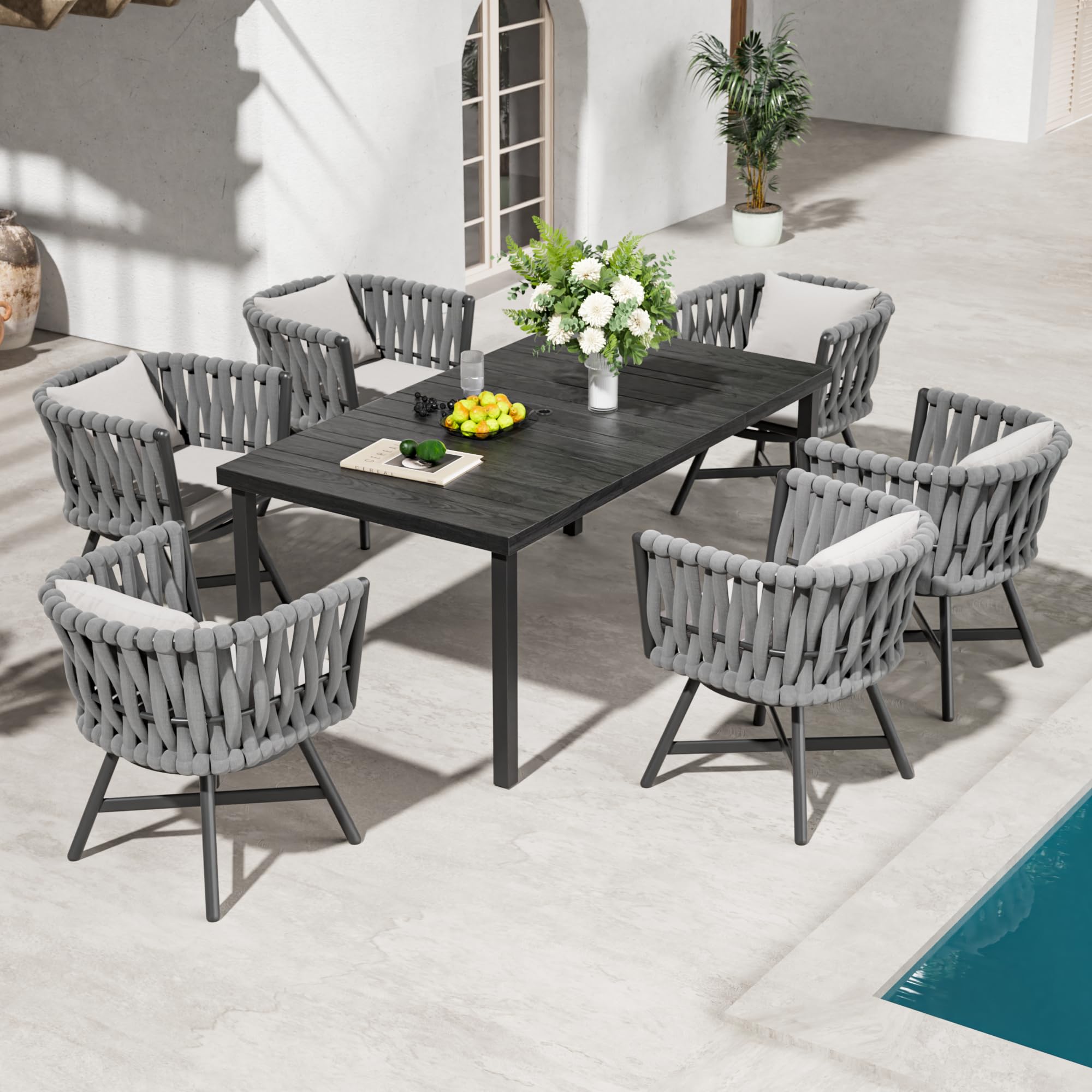 7-Piece Outdoor Dining Set for 6 with Swivel Rope Wicker Chairs & Rectangular Table - Patio Furniture Set with Umbrella Hole, Grey - Perfect for Backyard BBQs, Poolside Dining, and Garden Gatherings