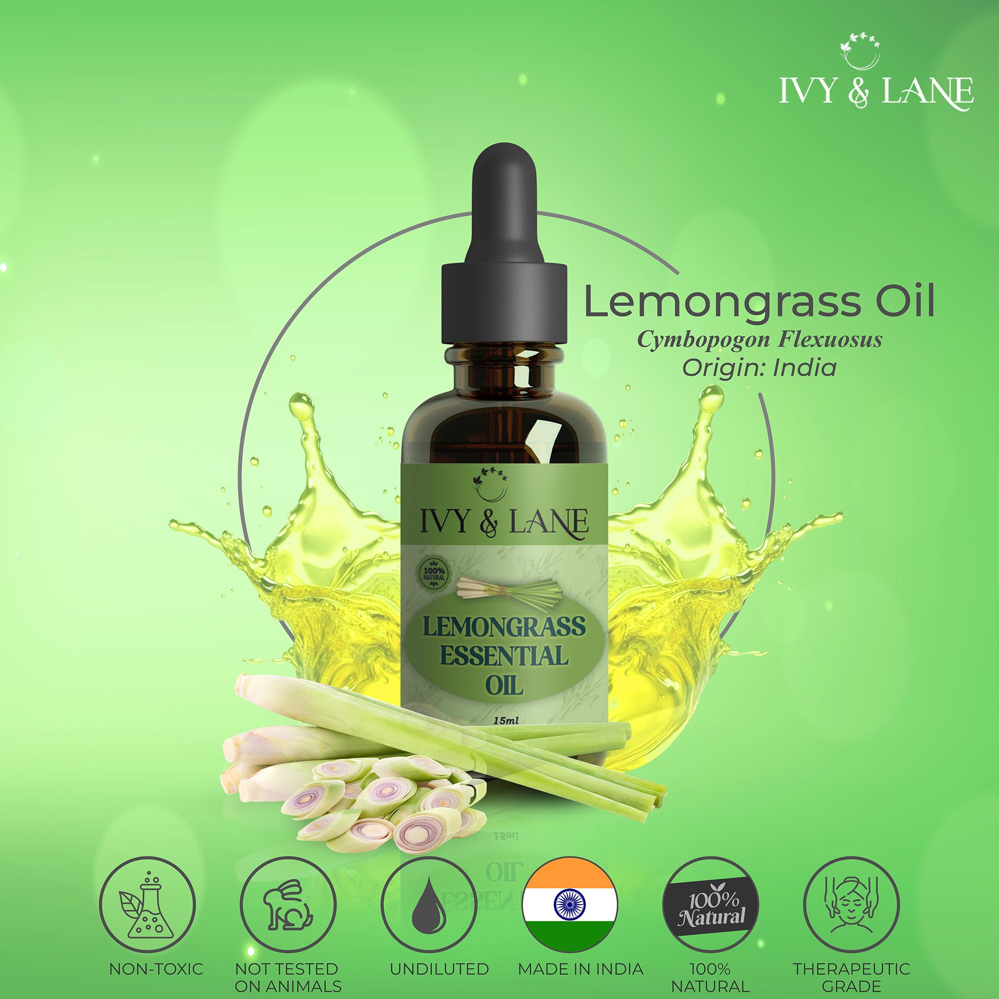 **Ivy & Lane 100% Pure Organic Lemongrass Essential Oil - Undiluted, Therapeutic Grade for Stress Relief, Headache Relief & Natural Insect Repellent - 15ml with Dropper - Perfect for Aromatherapy, Massage & DIY Skincare**