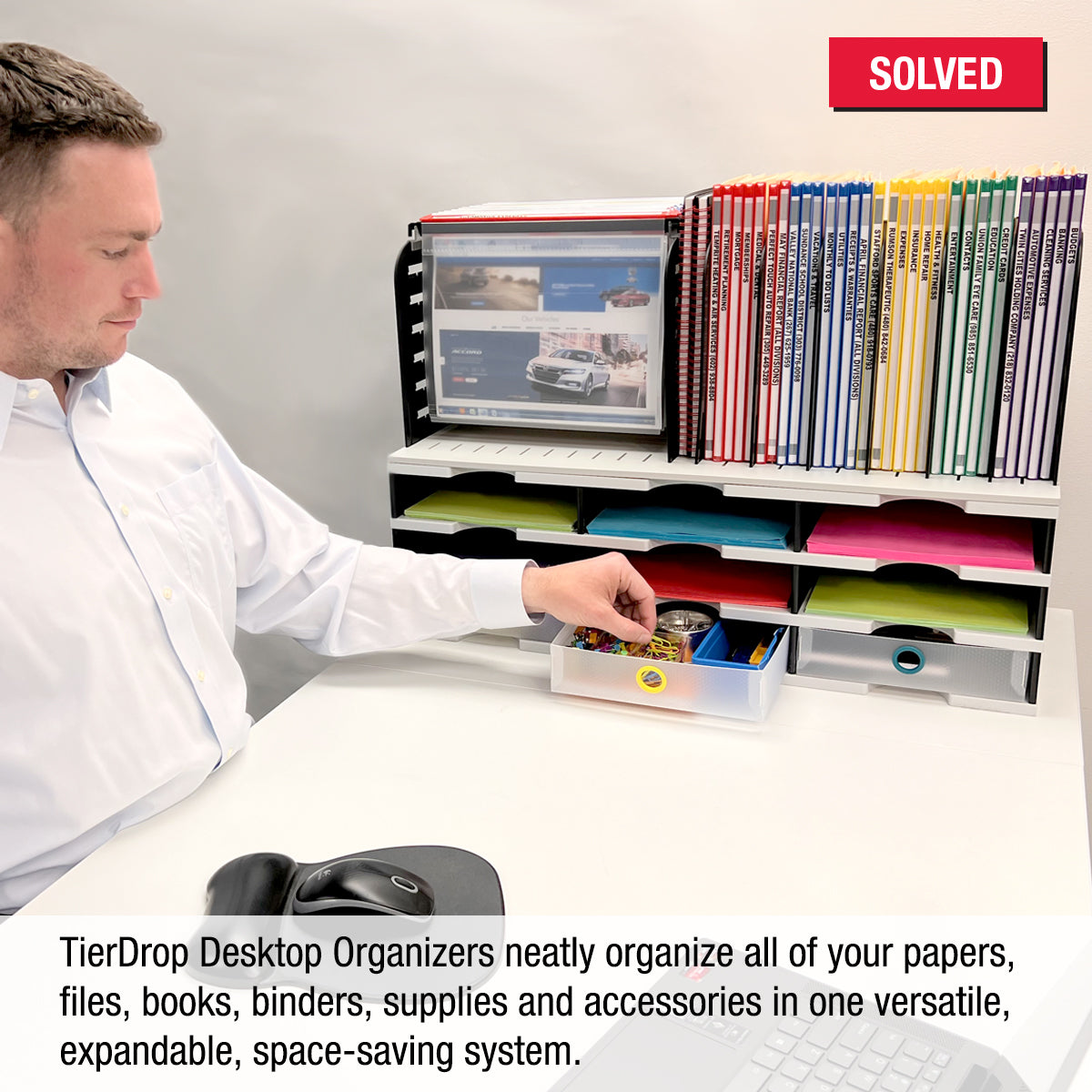 9-Compartment Desktop Organizer with Hanging File Topper & 3 Drawers - Vertical Space Saving Document Sorter for Files, Binders & Office Supplies - Perfect for Home Office, School & Workspace Organization