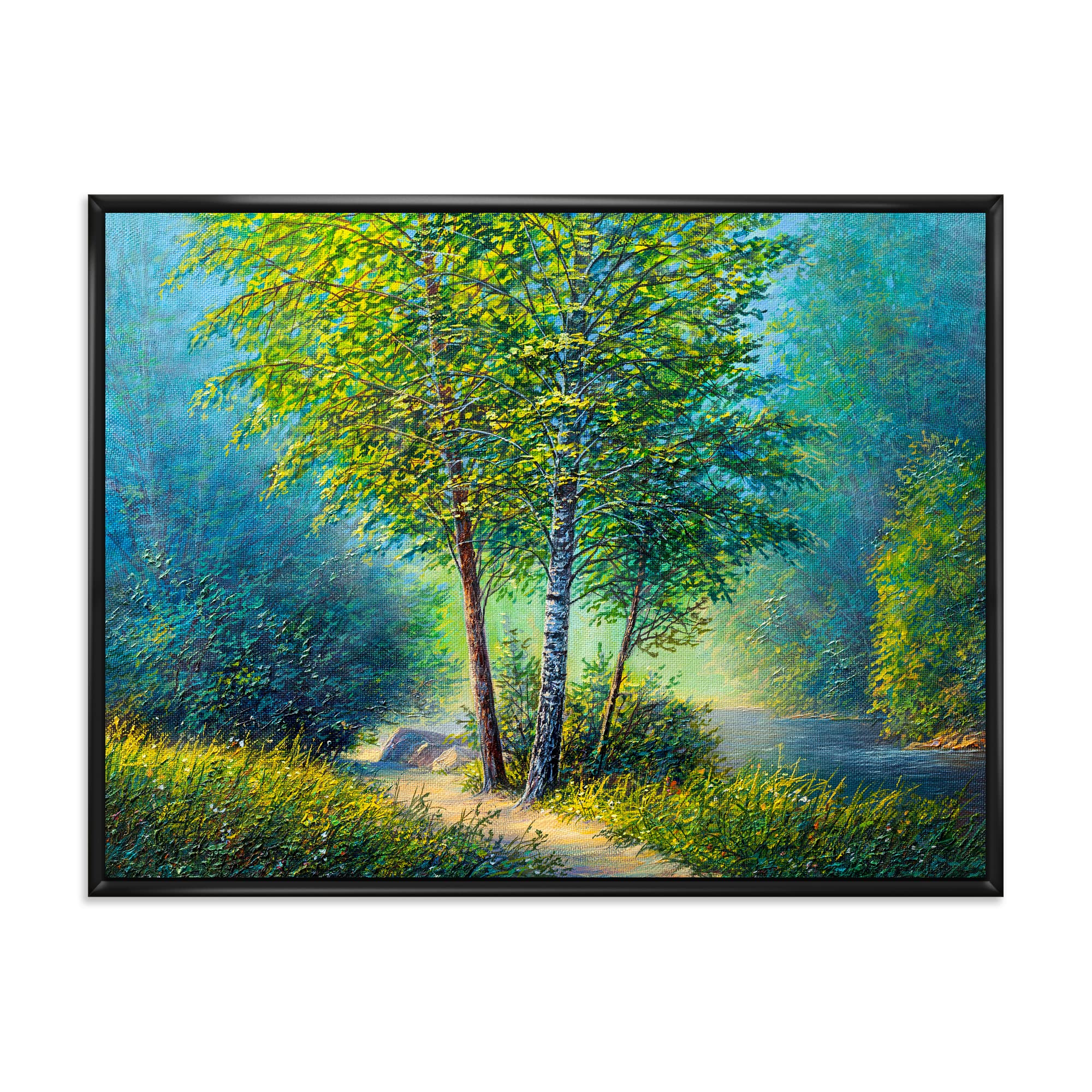DesignQ Three Vibrant Trees By The River - Lake House Framed Canvas Wall Art Print for Living Room, Bedroom & Office Decor | Nature Landscape Painting | Ready to Hang Home Wall Decor