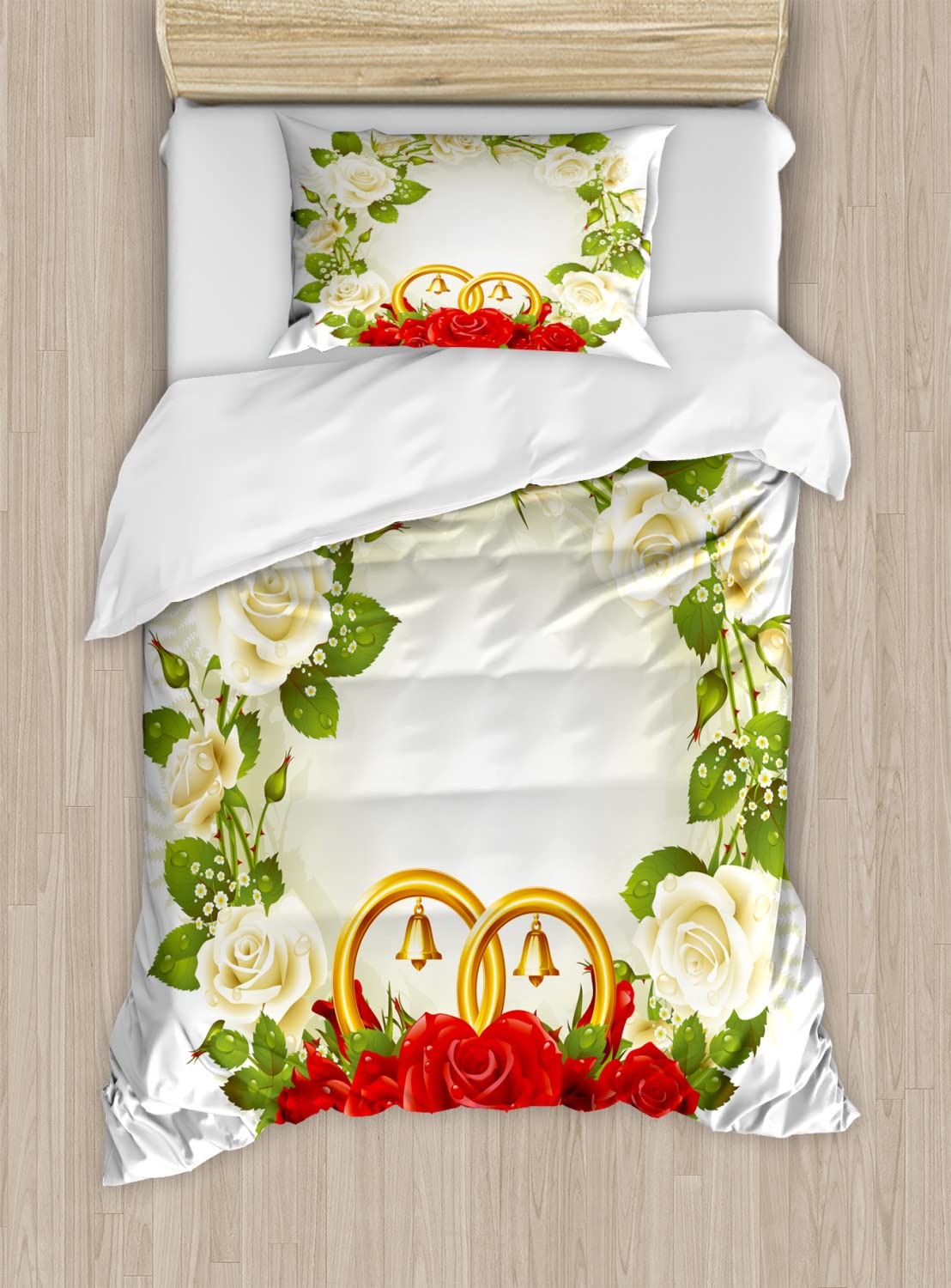 Ambesonne Wedding Duvet Cover Set - White & Red Roses with Wedding Rings Design, Romantic Bedding Set Includes 2 Duvet Covers & 4 Pillowcases, 2-Pack California King Size in White/Green/Red - Perfect for Anniversary Gifts, Honeymoon Suite Decor, and Romantic Bedroom Makeovers