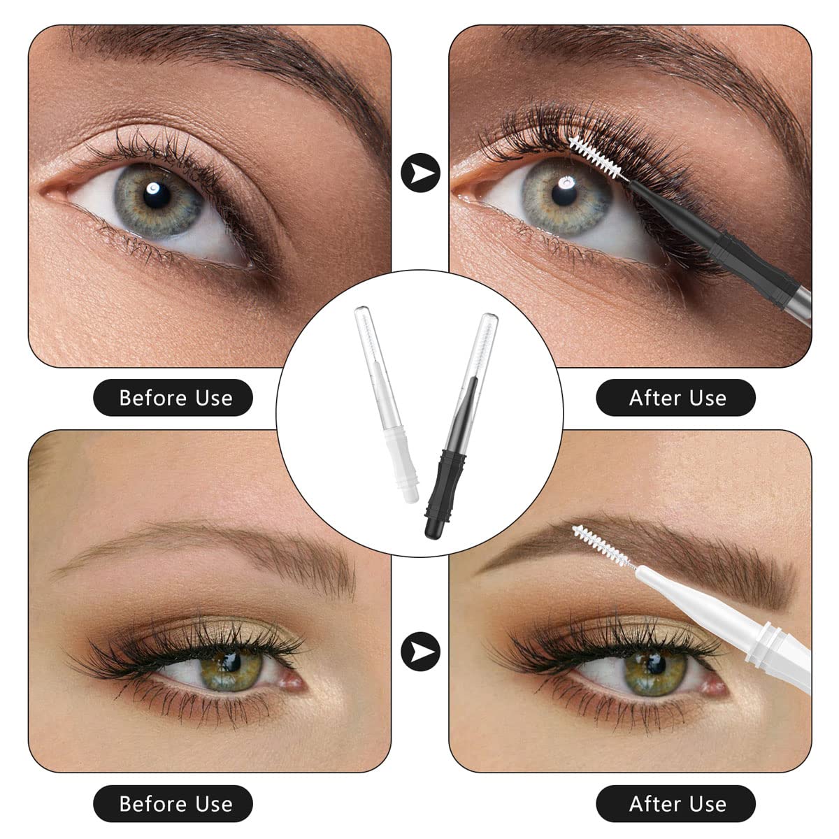 100 Pcs Micro Eyebrow Brush Set with Caps - 2 Sizes Spoolie & Lamination Brushes for Eyebrow Grooming, Makeup Application & Lash Styling - Perfect for Salon, Home Use & Travel Makeup Kit