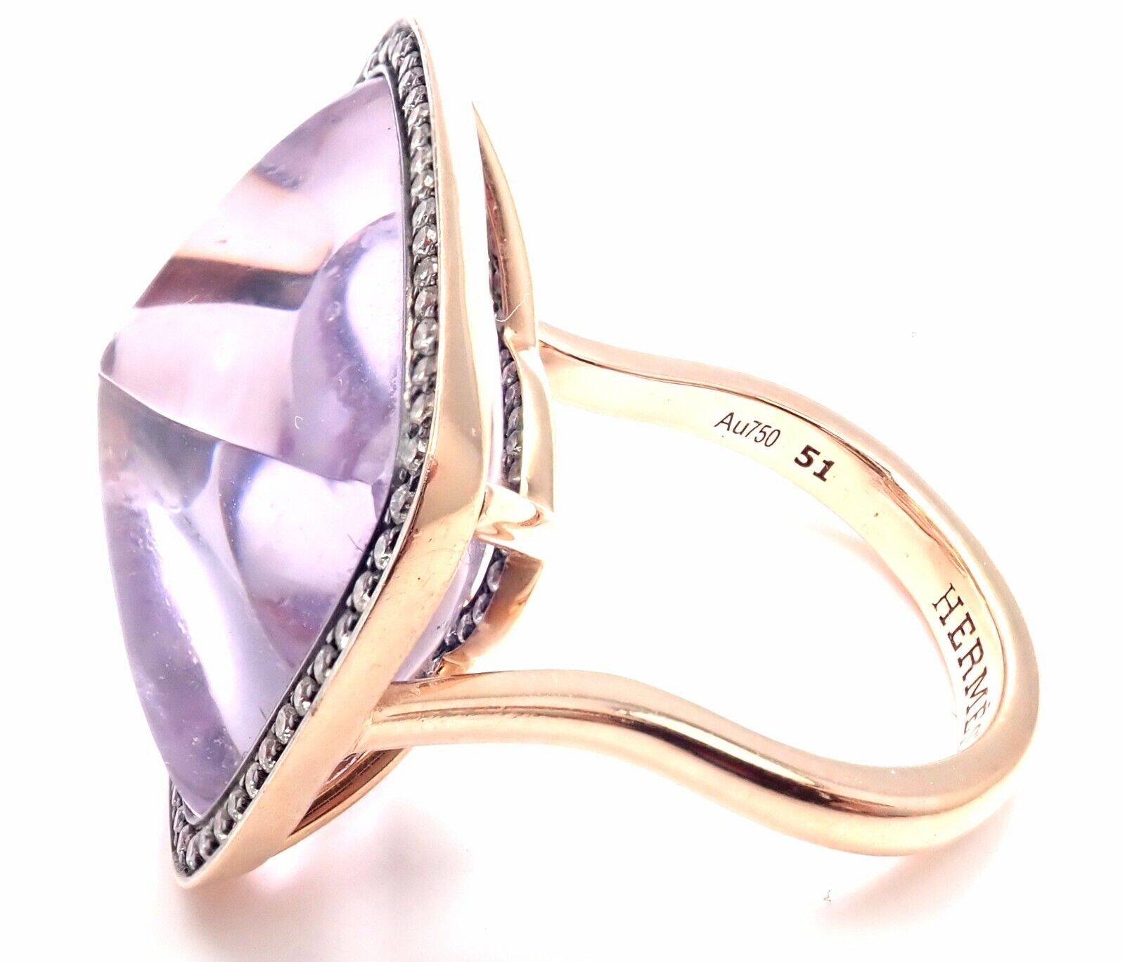 Authentic Hermes 18k Rose Gold Diamond Large Amethyst Ring - Luxury Jewelry for Women, Perfect for Weddings, Anniversaries & Special Occasions