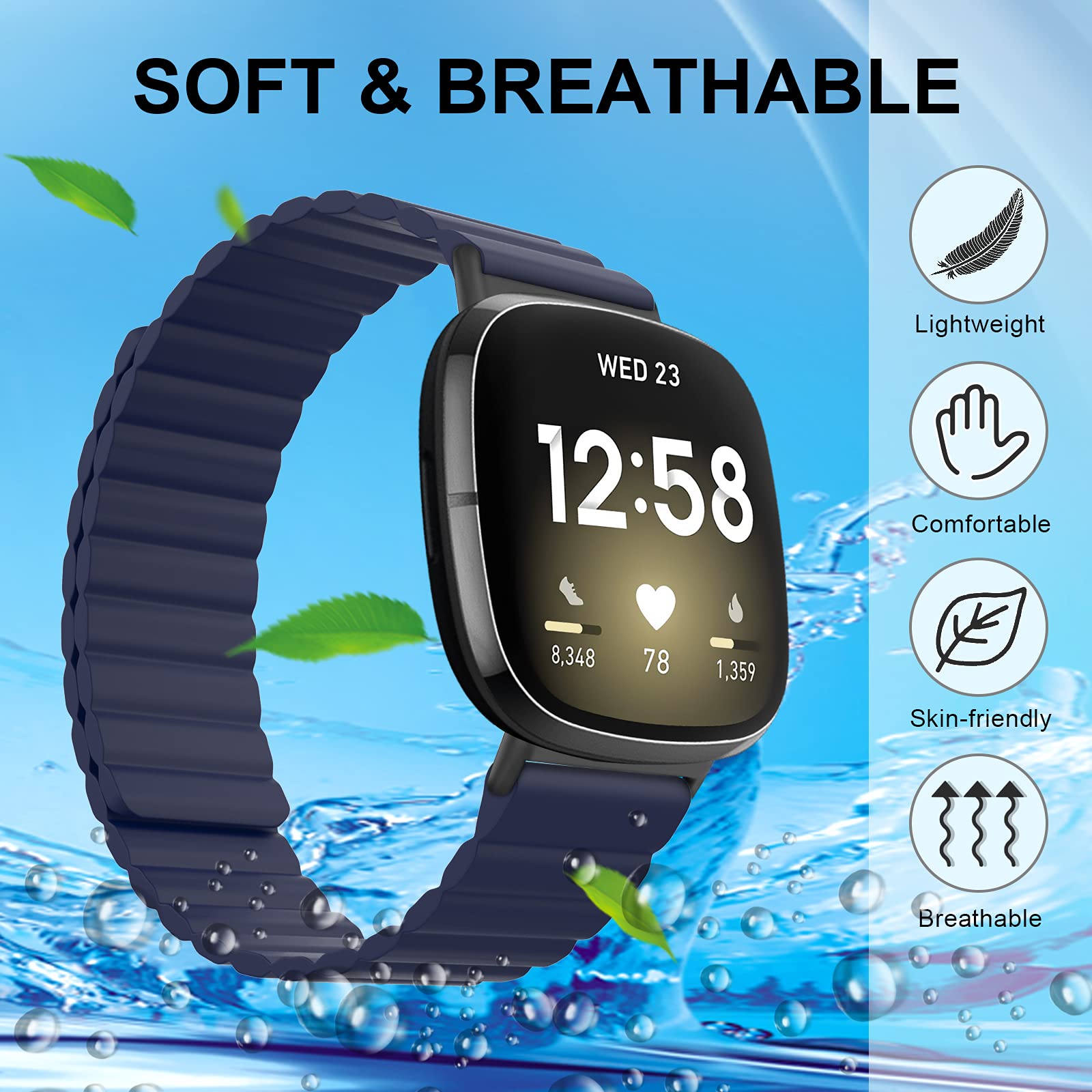 Premium Silicone Magnetic Bands for Fitbit Versa 3 & Sense - Adjustable Loop Strap with Secure Magnetic Closure - Navy Blue Large Size - Perfect for Workouts, Running & Daily Wear