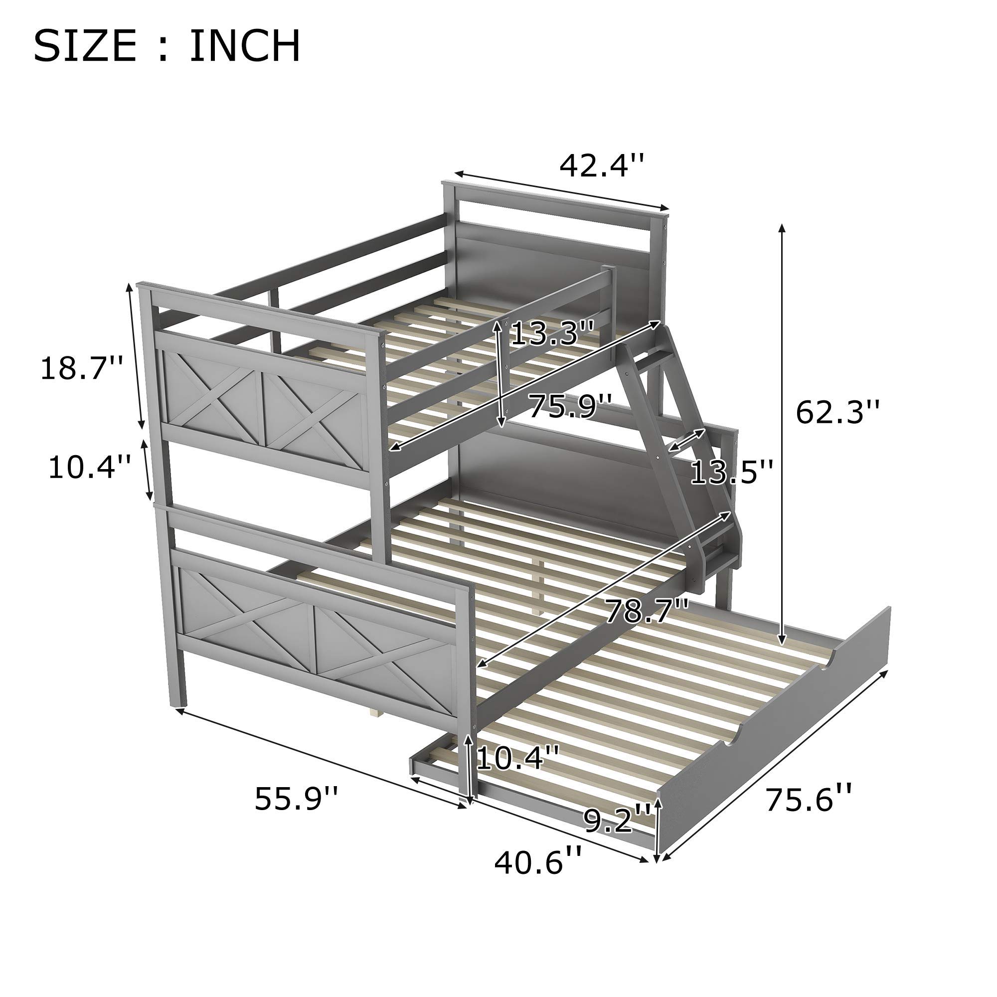 SOFTSEA Twin Over Full Bunk Bed with Trundle - Solid Wood Modern Bunk Bed Frame for Kids with Ladder - Converts to 2 Separate Beds or Loft Bed - Space Saving Gray Bunk Bed for Small Rooms, Kids Bedroom & Guest Room Sleep Solutions