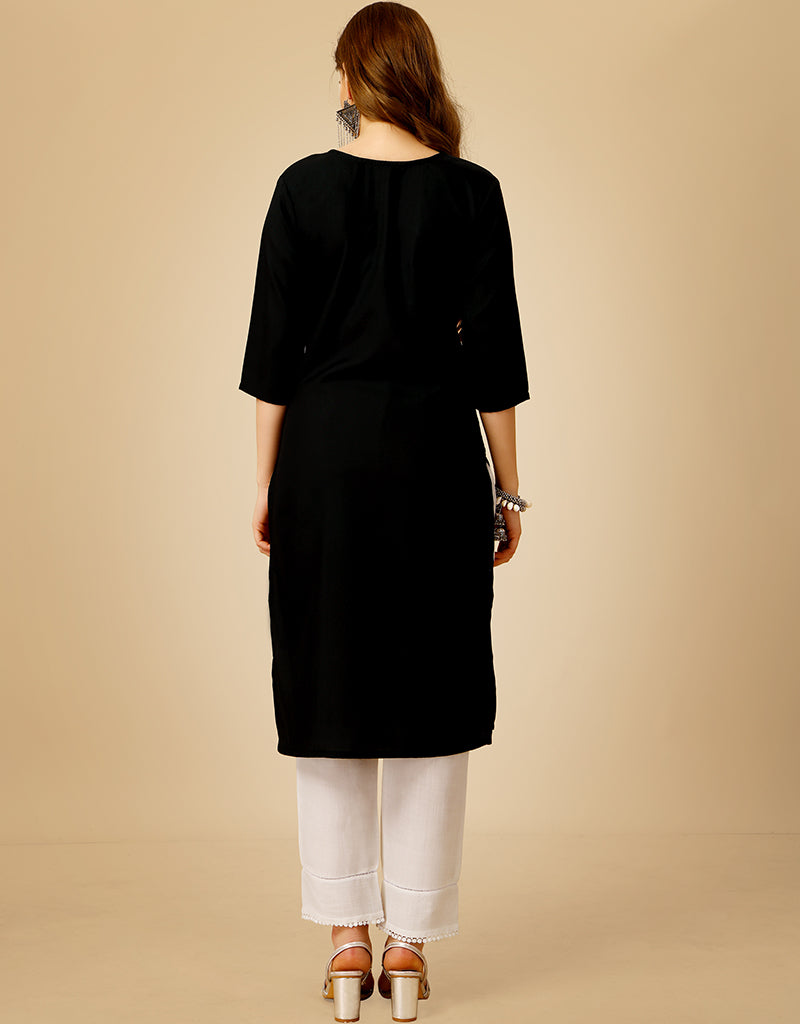 Black Cotton Magic Slub Straight Leg Pants for Women - Comfortable Casual Trousers for Everyday Wear, Office & Outings