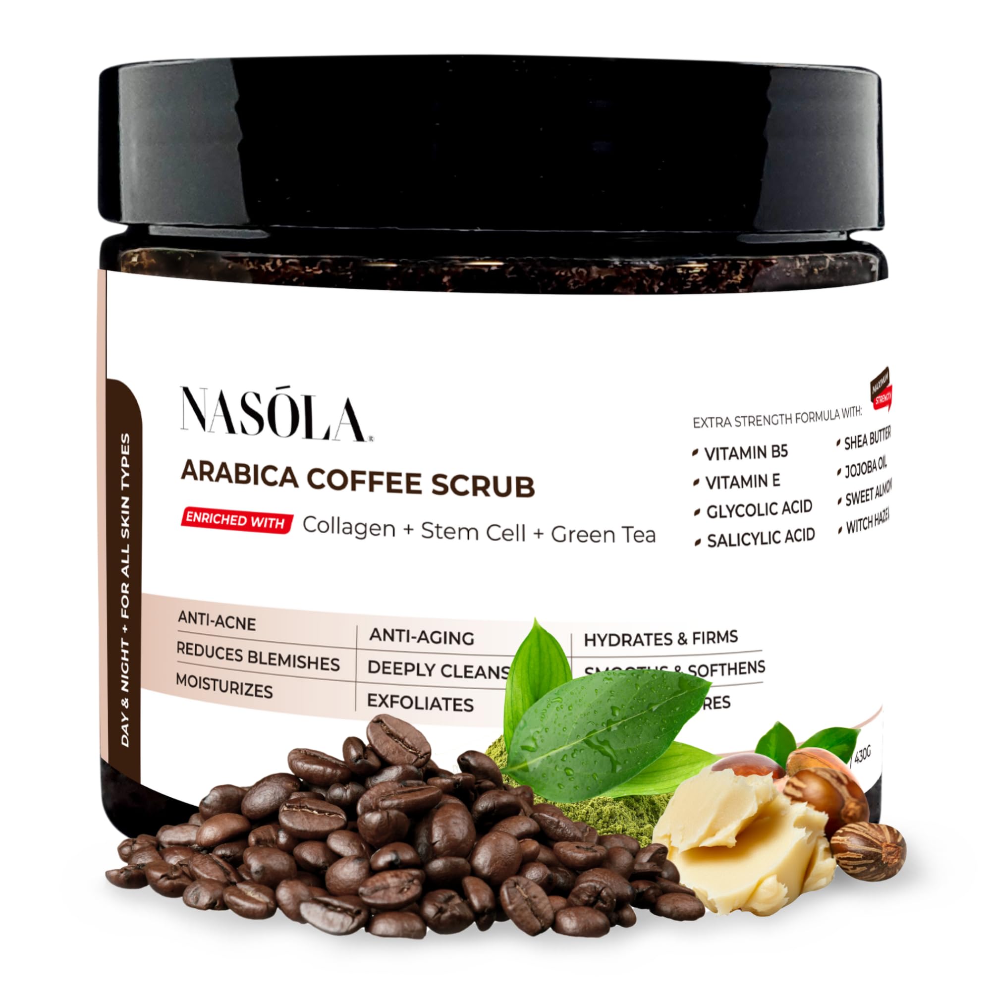 Premium Arabica Coffee Body Scrub with Collagen & Green Tea - Exfoliating Scrub for Face & Body - Reduces Wrinkles & Stretch Marks - 15.16 Oz - Perfect for Spa Days & At-Home Skincare Routine