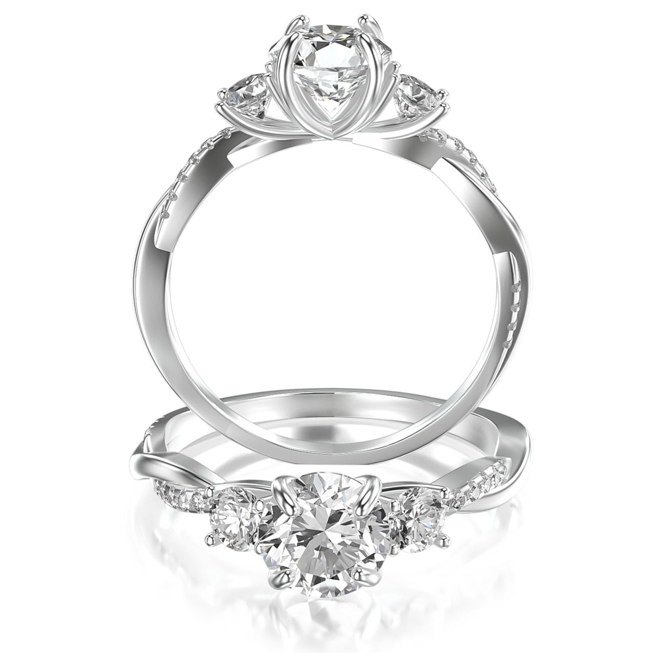 1.48 Carat 3 Stone Moissanite Engagement Ring for Women - Platinum Plated Sterling Silver Wedding Band, Promise Ring, Anniversary Gift for Her - Perfect for Proposals, Bridal Jewelry & Special Occasions