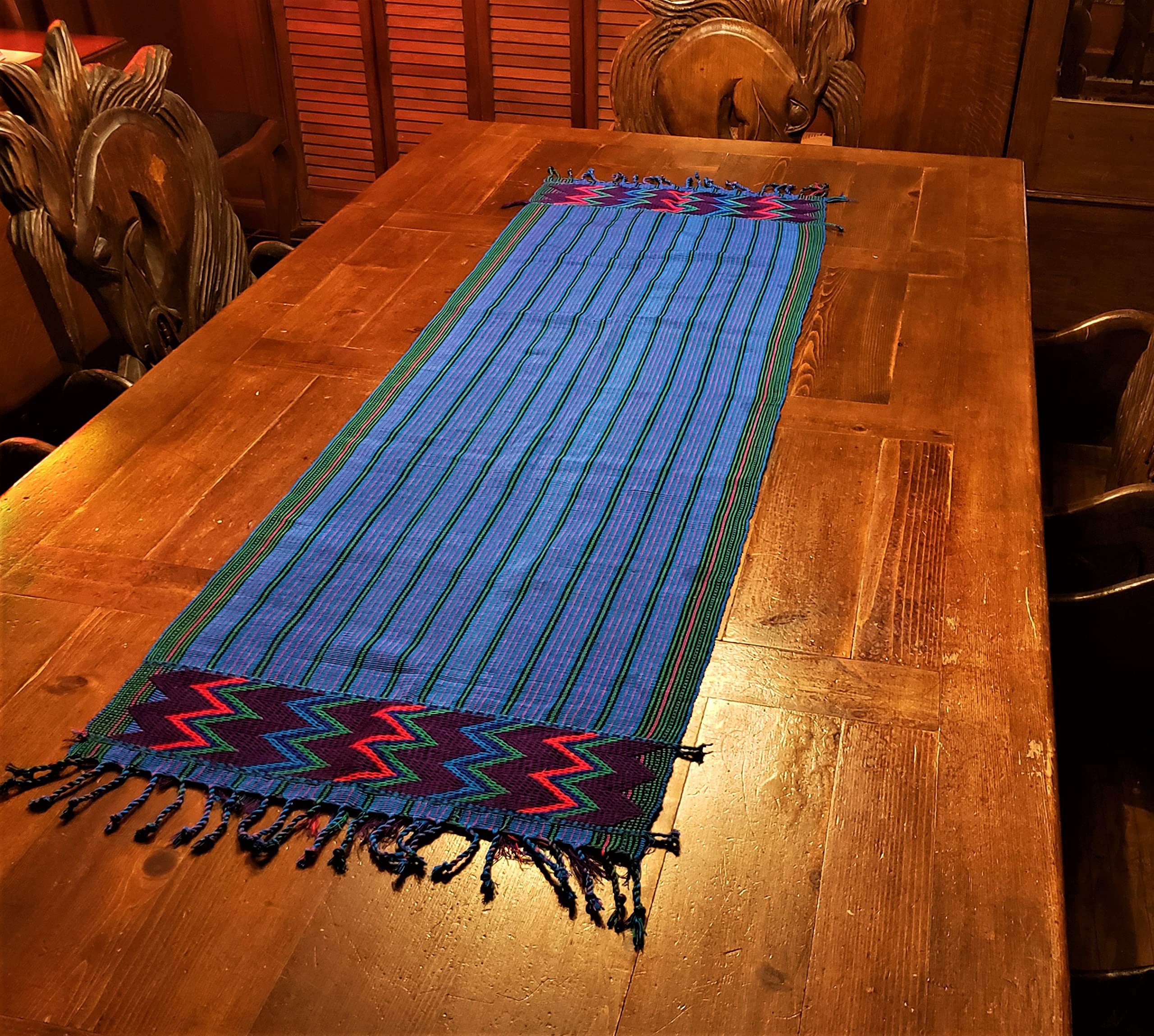 Vivid Blue Zacualpa Table Runner - Handwoven Cotton Table Decor for Dining Room, Kitchen, or Wedding Events - Perfect for Farmhouse, Rustic, and Boho Home Decor