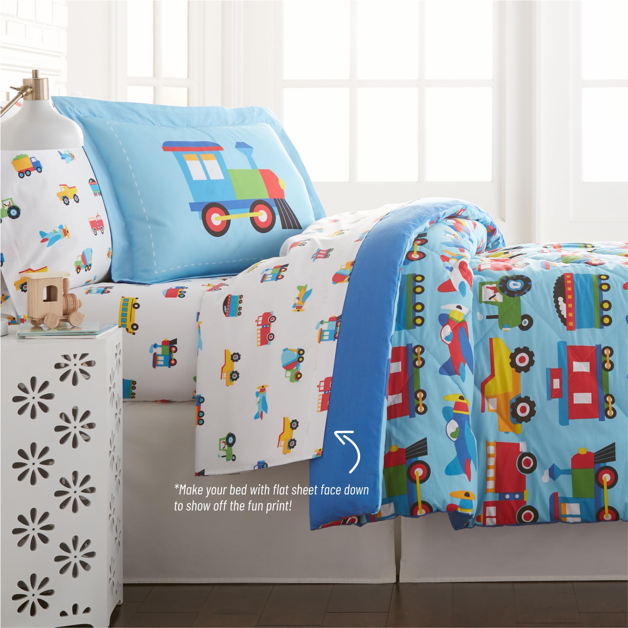 Wildkin 7-Piece Full Bedding Set – 100% Cotton Comforter, Sheets & Pillowcase for Boys | Soft & Breathable Train Airplane Truck Design | Perfect for Kids Bedroom, Sleepovers & Cozy Nights