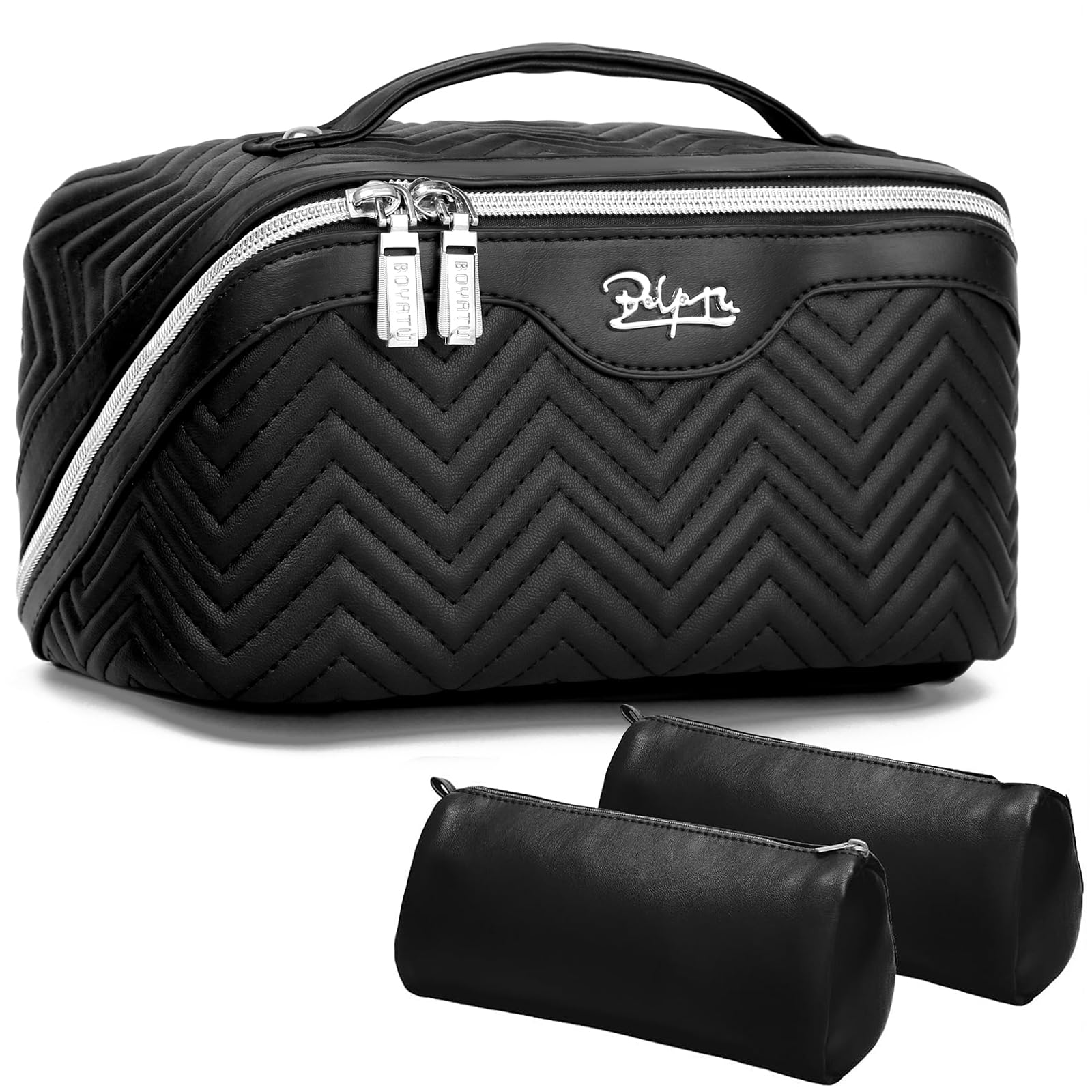 Quilted PU Leather Makeup Bag Set of 3 - Travel Cosmetic Organizer for Women with Compartments, Handle & Divider - Portable Toiletry Bags for Vacation, Gym & Daily Use (14 Inch, Black)