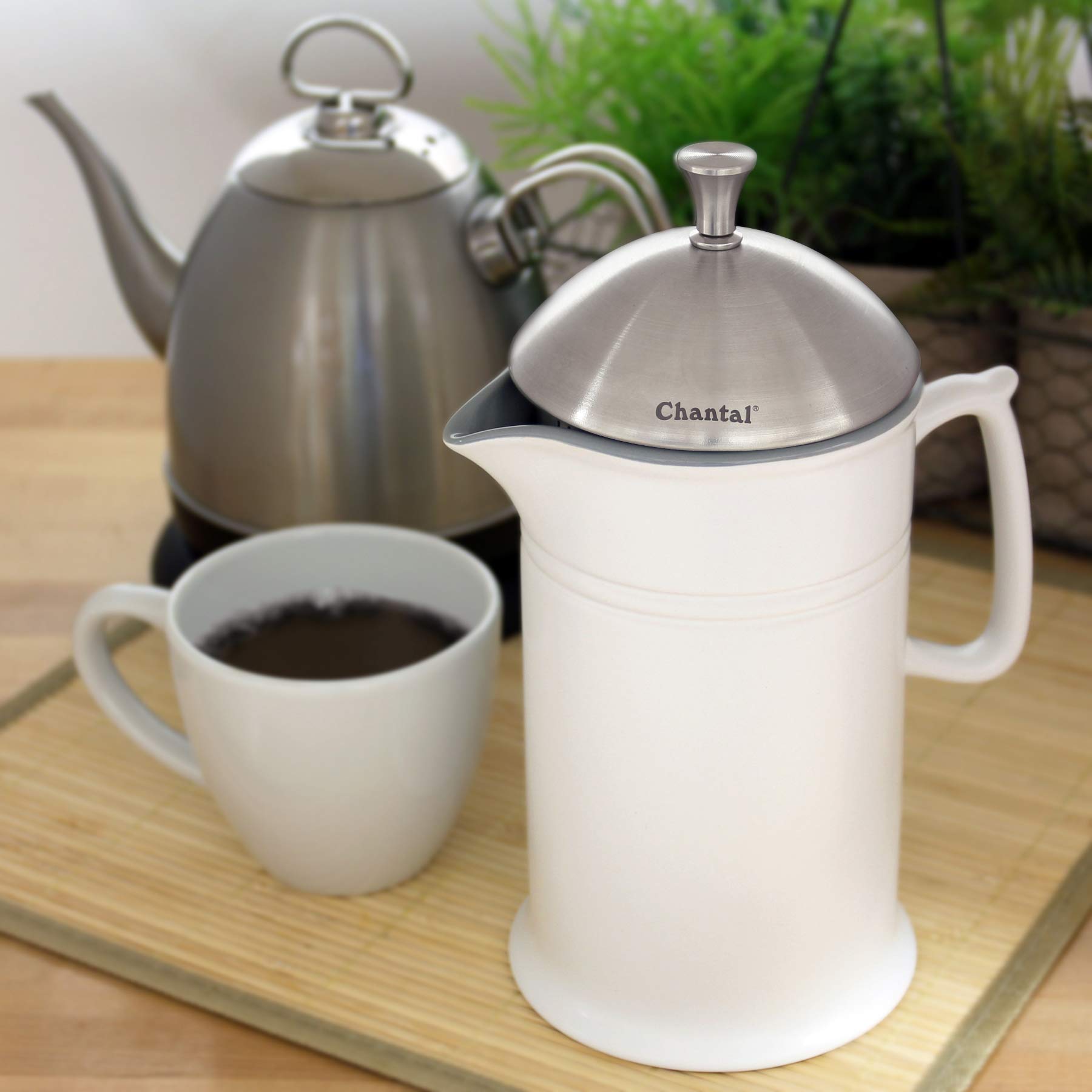 Chantal 28 oz White Stoneware French Press Coffee Maker with Stainless Steel Plunger & Lid - Perfect for Home, Office & Camping Coffee Brewing