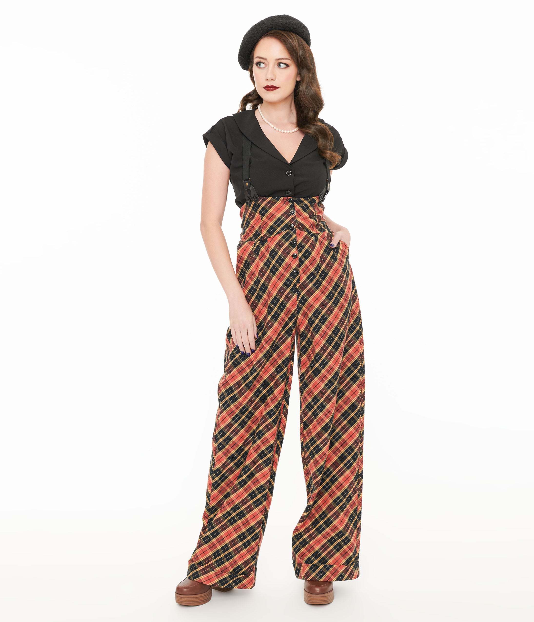 Vintage 1930s Thelma High-Waisted Suspender Pants in Black & Rust Plaid - Retro Fashion for Women, Perfect for Themed Parties, Cosplay, and Vintage Style Outfits