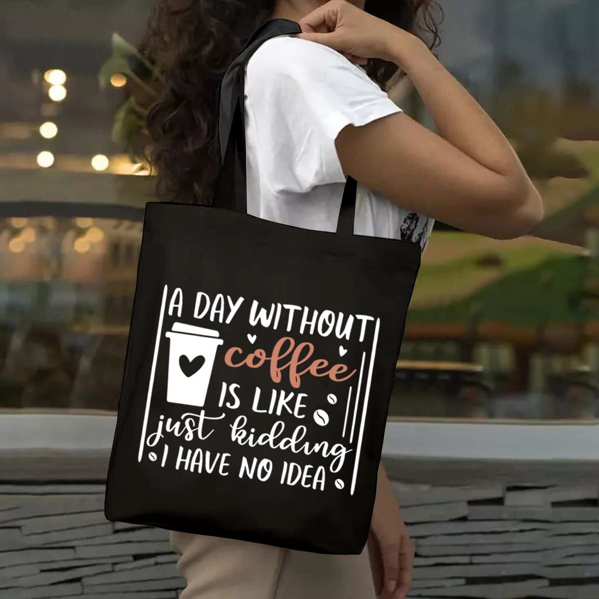 SAUIVD Funny Coffee Quote Reusable Canvas Tote Bag - 'A Day Without Coffee' Grocery Shopping Bag for Coffee Lovers | Perfect for Groceries, Beach, Work & Daily Errands