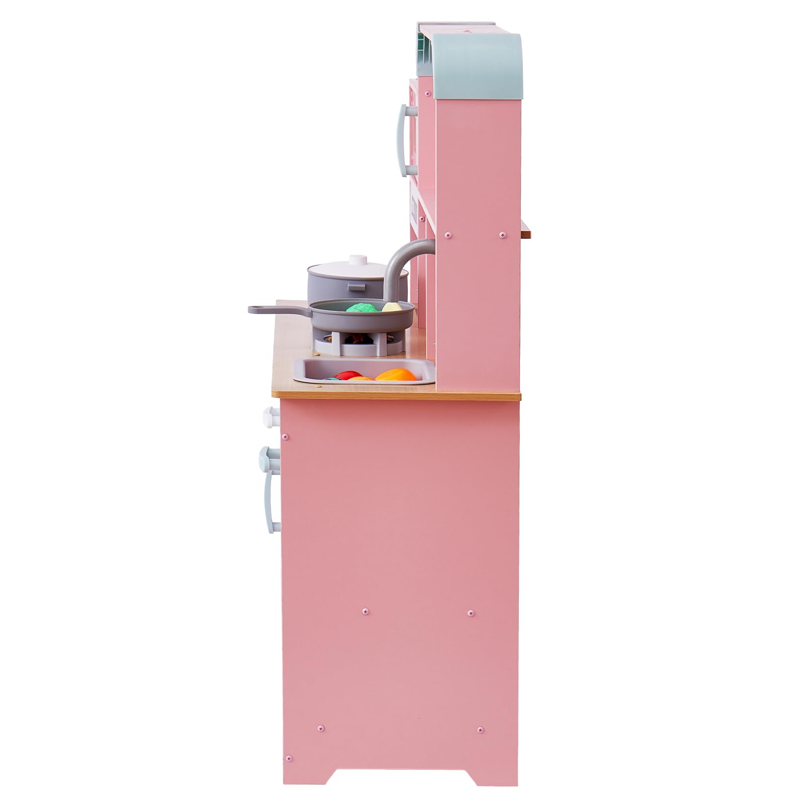 VEVOR Wooden Play Kitchen Toy for Kids Ages 3-8 - Interactive Pretend Play Set with Lights, Sounds, Ice Maker, Oven, Sink, Microwave & Fridge - Includes Utensils & Fruit Accessories - Perfect for Imaginative Play, Role-Playing & Early Learning (Pink)