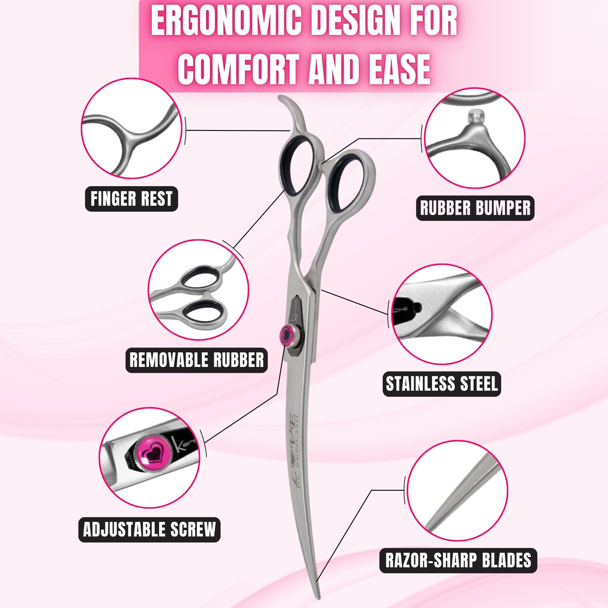 Kenchii Love Left Handed Dog Grooming Scissors - 8 Inch Curved Shears for Professional Pet Grooming | Perfect for Left-Handed Groomers & Precise Hair Trimming on Dogs & Cats