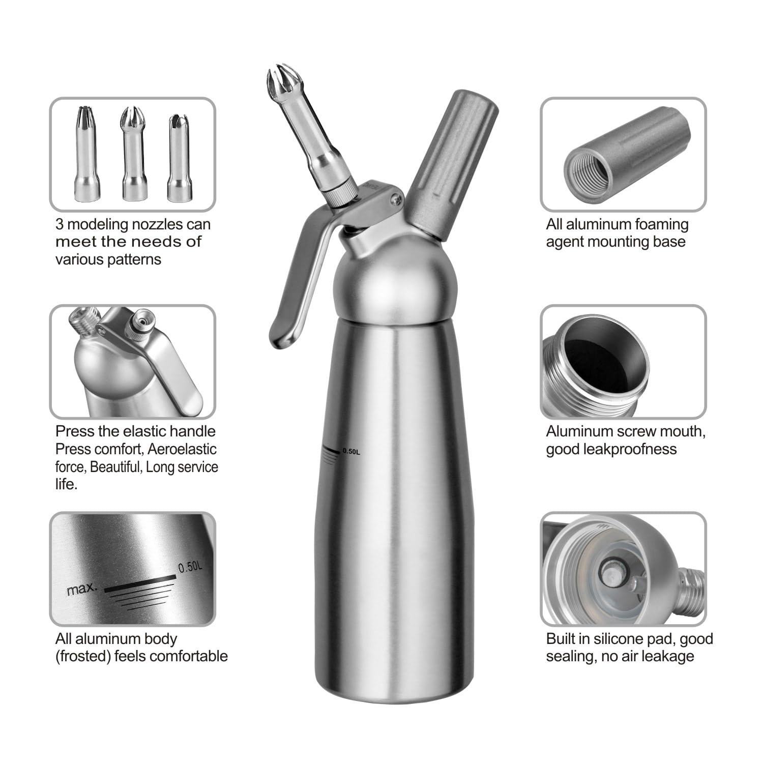 Premium 500mL (1 Pint) Aluminum Whipped Cream Dispenser - Professional Dessert Cream Maker with 3 Decorating Nozzles for Cakes, Coffee & Cocktails | Gourmet Whipped Cream Charger for Home & Commercial Use