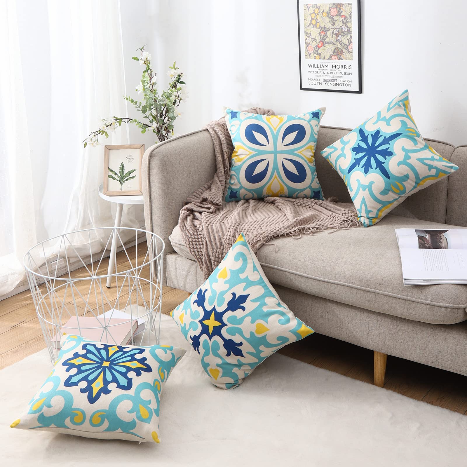 JOJOGOGO Waterproof Outdoor Throw Pillow Covers 18x18 Inch Set of 4 - Floral Boho Farmhouse Decorative Pillow Covers for Patio Furniture, Garden, Porch, Poolside & Backyard Decor