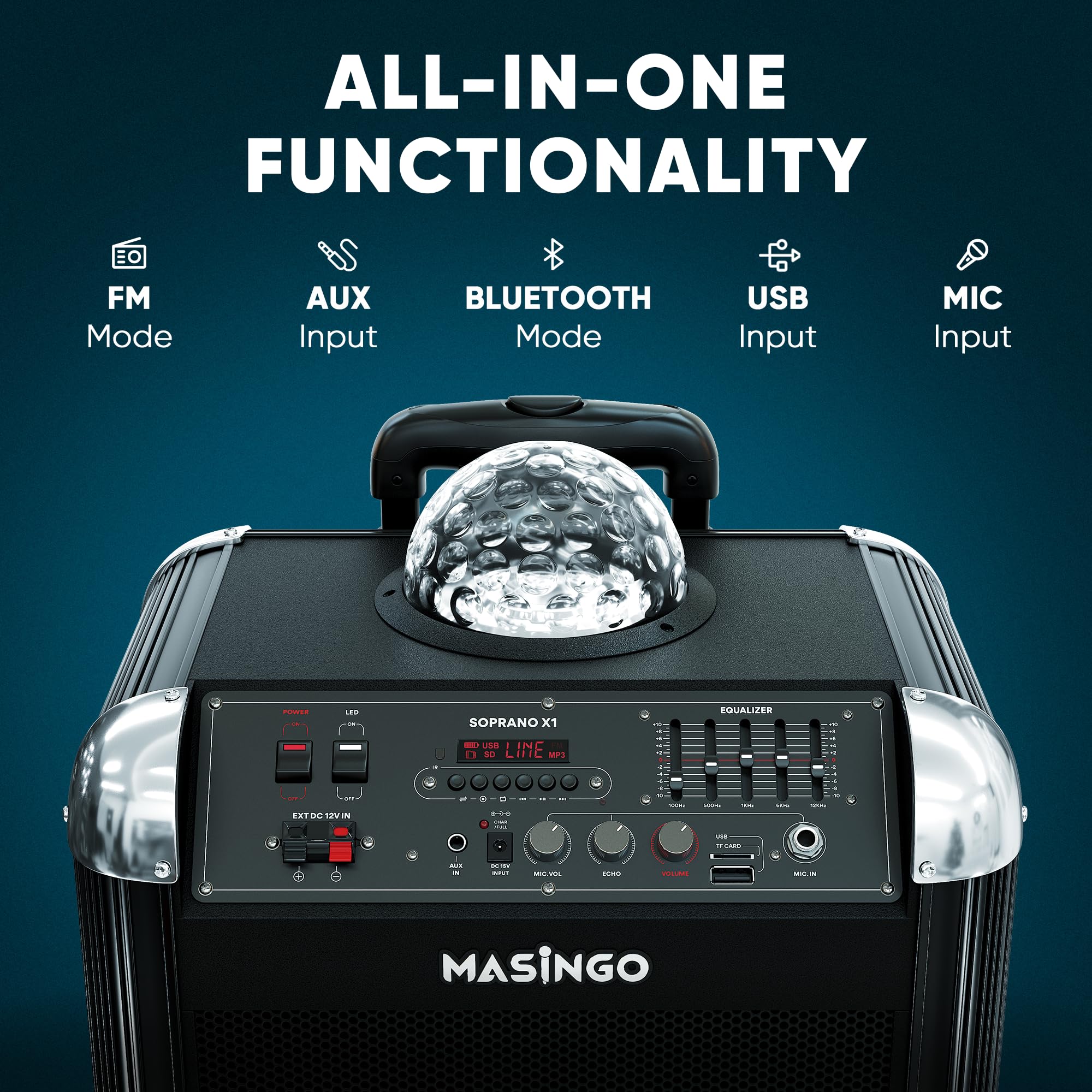 MASINGO Karaoke Machine with 2 Wireless Microphones - Portable Bluetooth PA Speaker System for Adults & Kids, Features Disco Ball Lights, Lyrics Display, Tablet Holder & TV Cable (Soprano X1 2.0) - Perfect for Home Parties, Birthday Celebrations and Family Gatherings