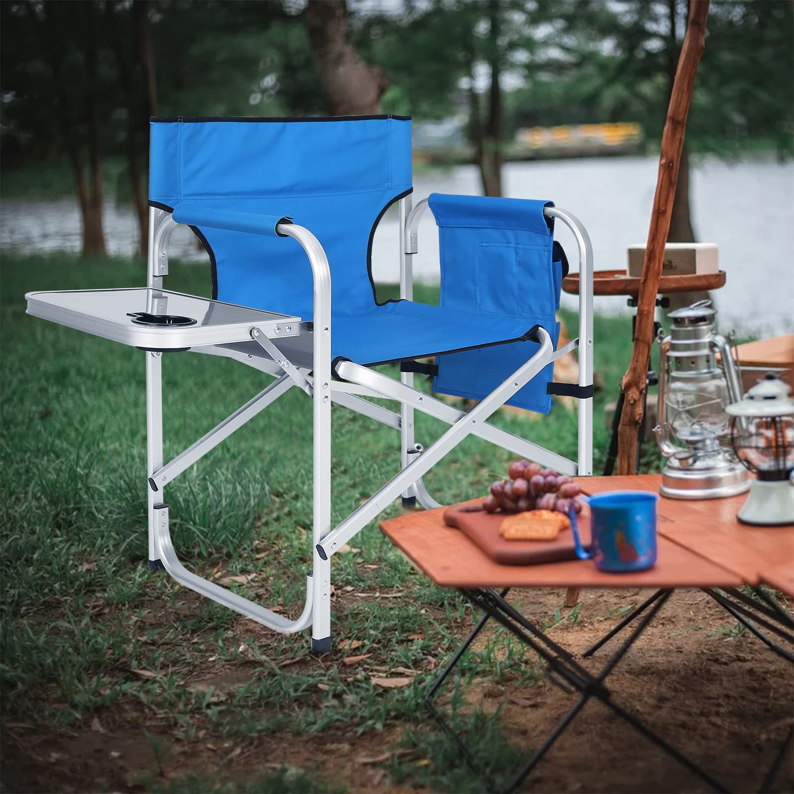 ABCCANOPY Folding Directors Chair - Portable Outdoor Camping Chair with Side Table & Storage Pockets - Royal Blue - Perfect for Beach, Picnic, Backyard, and Makeup Artist Use