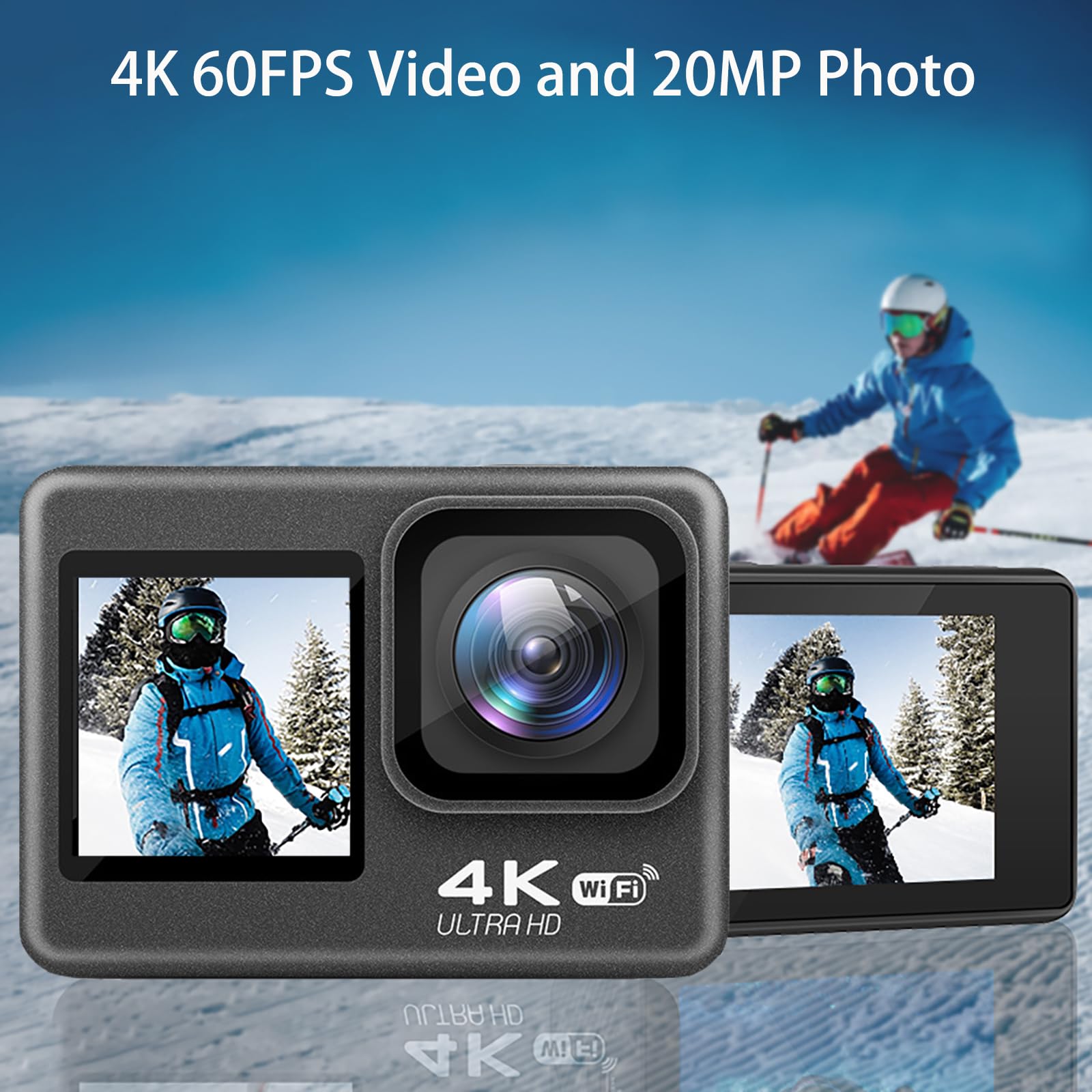 4K 60FPS 20MP EIS Waterproof Action Camera with WiFi, Touch Screen & 170° Wide-Angle Lens - Underwater Sports Camera for Vlogging, Diving, Surfing, Skiing & Outdoor Adventures - Includes Remote Control, Rechargeable Batteries & Accessories Kit