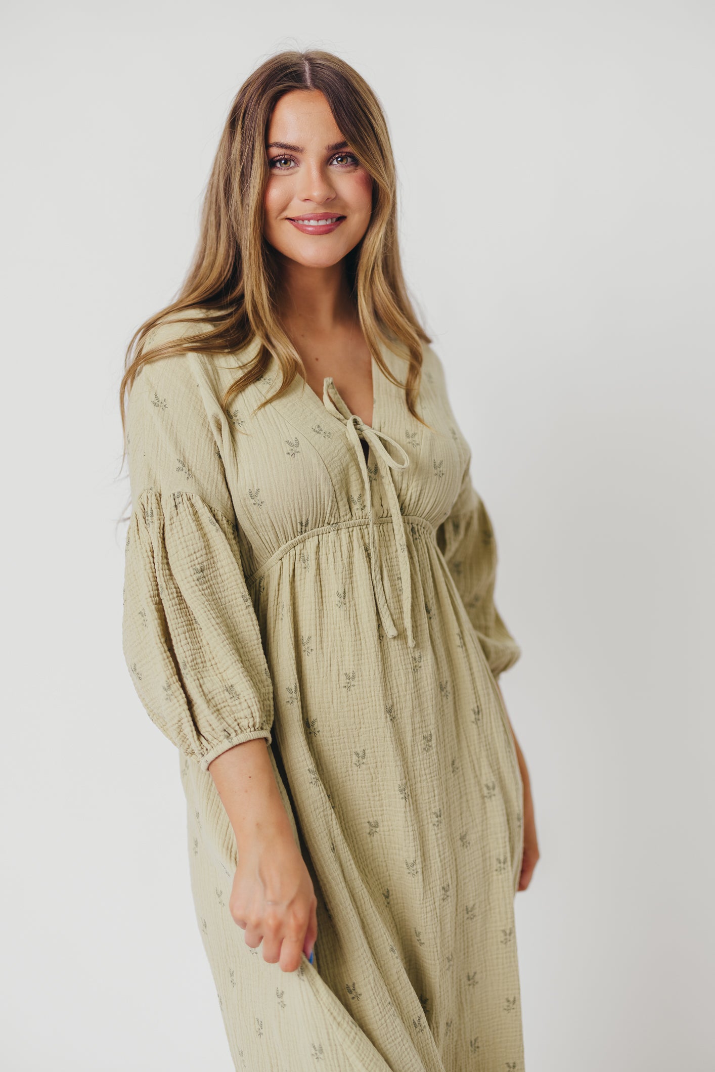 Hunter 100% Cotton Gauze Midi Dress in Thyme/Sage Foliage - Bump Friendly & Inclusive Sizing (XS-3XL) | Breathable Summer Dress for Maternity, Beach, and Casual Wear