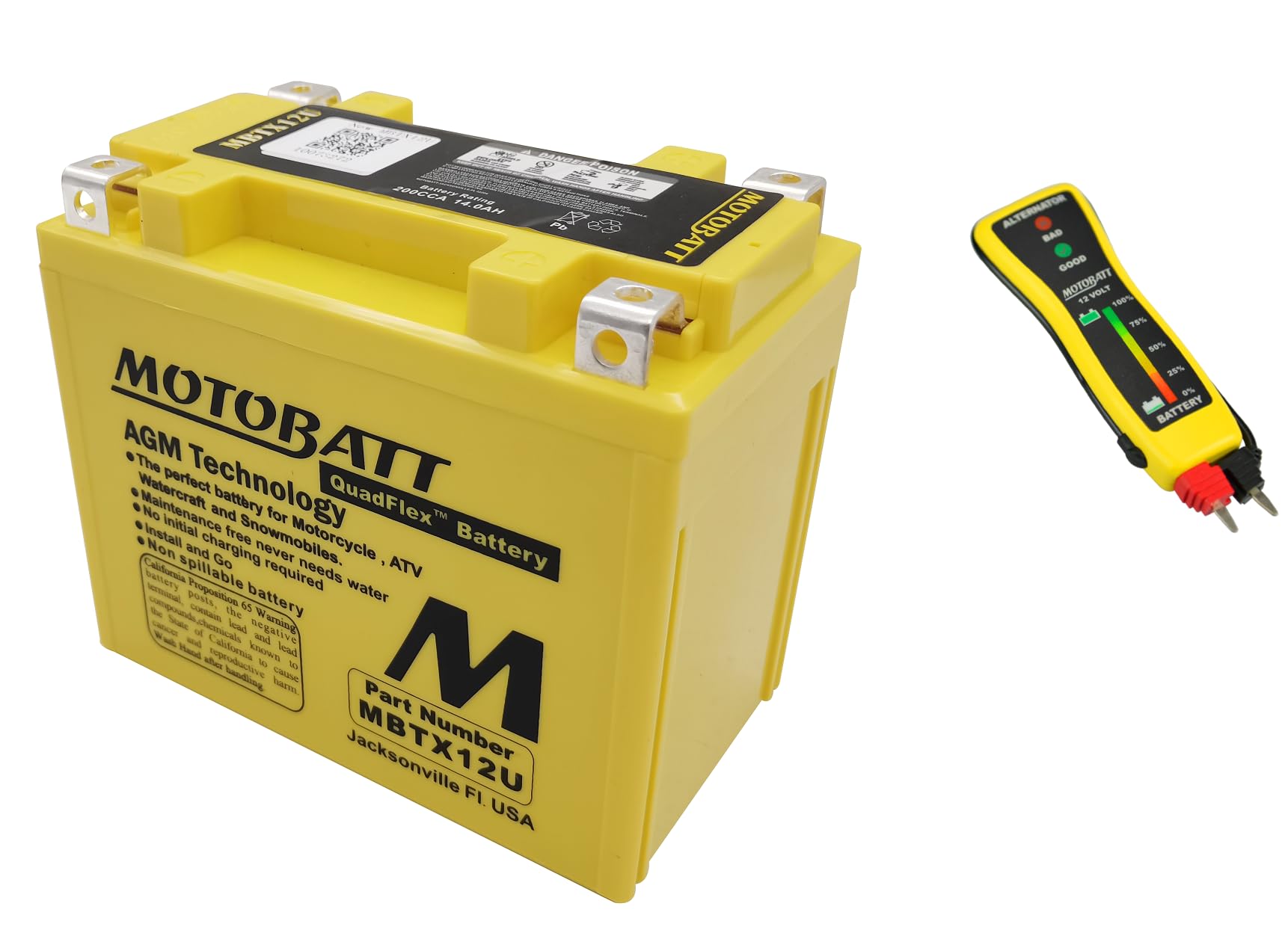 Motobatt MBTX12U QUADFLEX AGM Battery - Factory Activated 12V Motorcycle Battery with Free Voltmeter-Pocket Tester | Powersports & ATV Applications