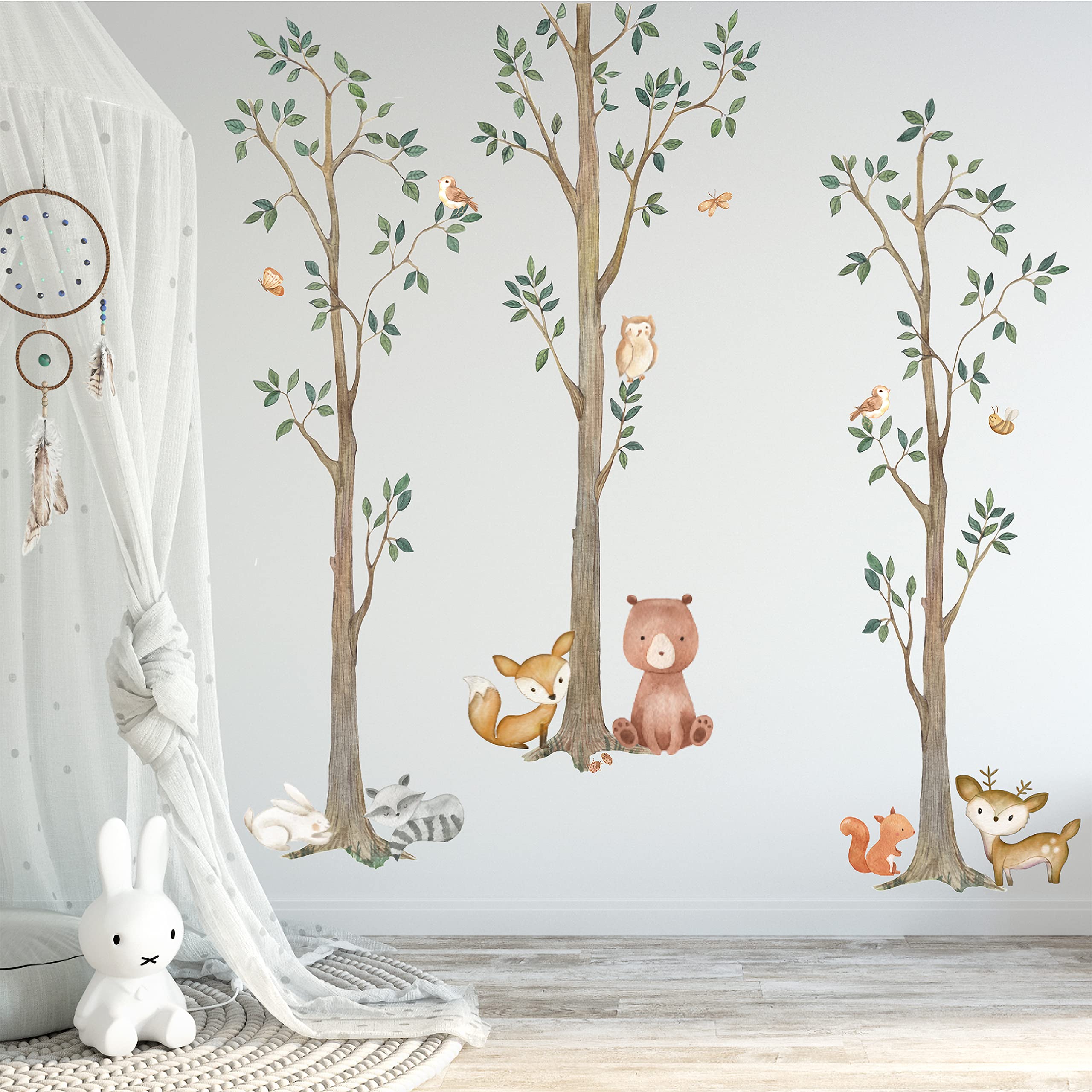 Woodland Watercolor Wall Decals - Bear, Fox, Raccoon, Rabbit, Squirrel, Owl Nursery Stickers for Kids Room Decor | 108 Inch Tall Fabric Animal Tree Stencils | Perfect for Nursery, Bedroom & Playroom Wall Art