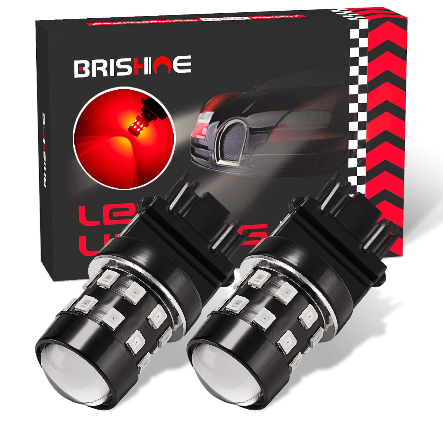 Super Bright 3157 3156 3057 3056 4057 4157 LED Bulbs - 24 SMD LED Chipsets with Projector - Red Brake Tail Lights & Turn Signal Lights - Non-Polarity 9-30V (Pack of 2) - Perfect for Car, Truck, SUV, Motorcycle Lighting Upgrades
