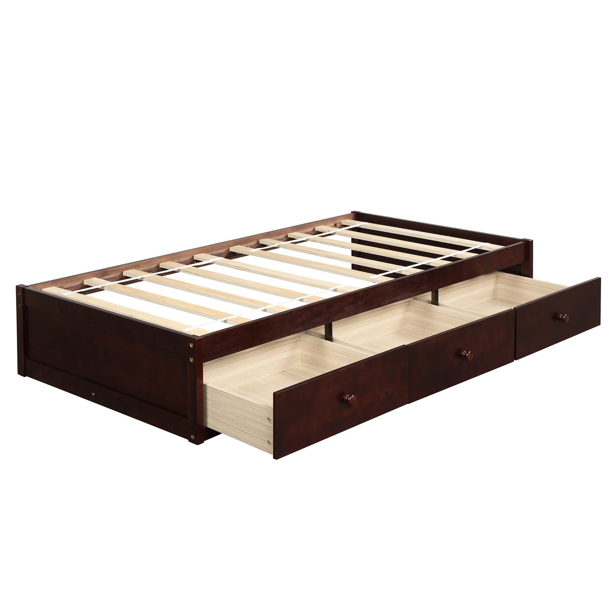 **SOFTSEA Twin Size Platform Bed Frame with Storage Drawers - Solid Wood Bed with Slat Support, No Box Spring Needed - Cherry Finish - Perfect for Small Bedrooms, Guest Rooms & Dorm Rooms**