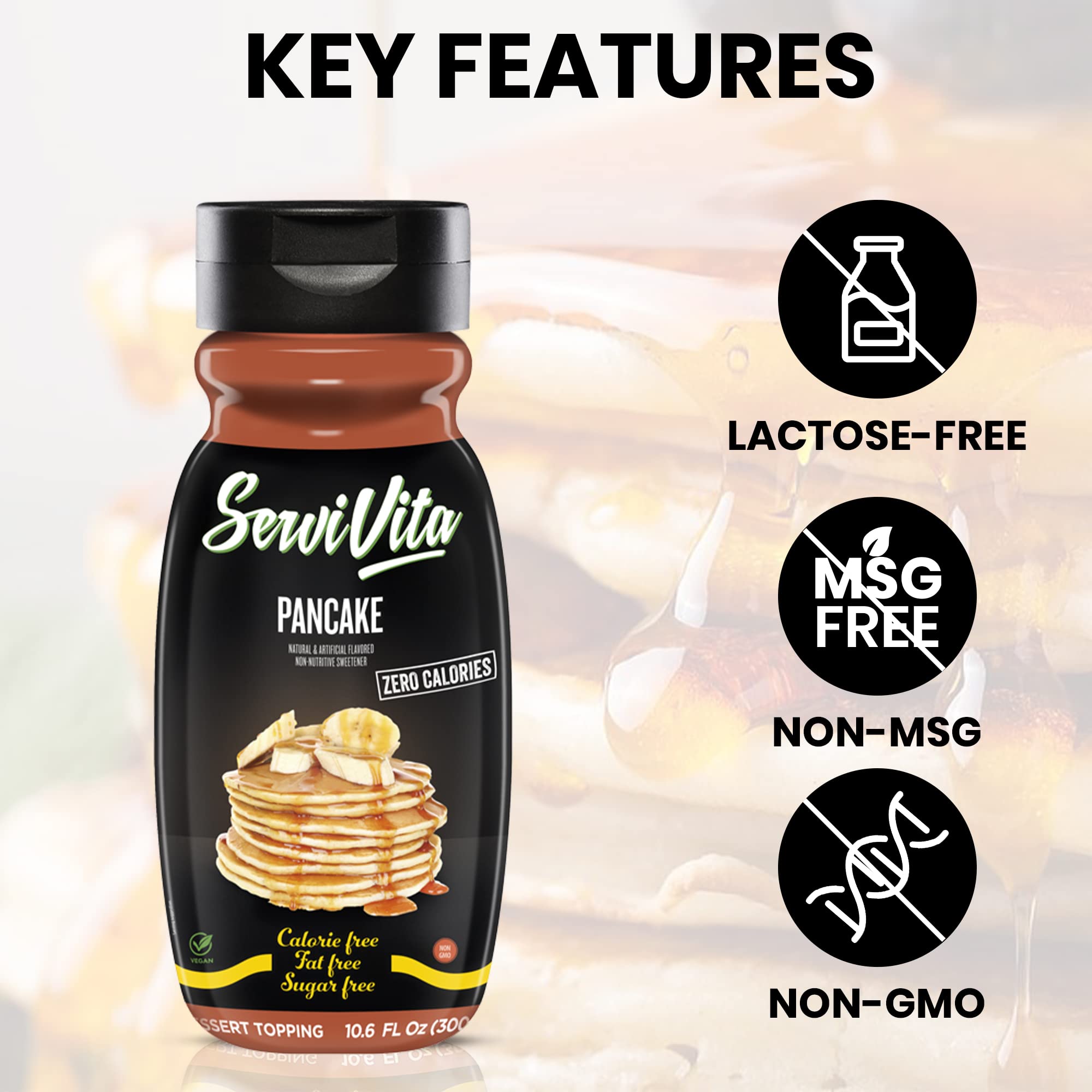 Sugar Free Pancake Syrup Zero Calories & Fat Free - 10.6 FL OZ Bottle | No Sugar Added, Gluten-Free, Non-GMO, Vegan & Keto Friendly Dessert Topping by ServiVita | Perfect for Pancakes, Waffles, French Toast & Low-Carb Diets