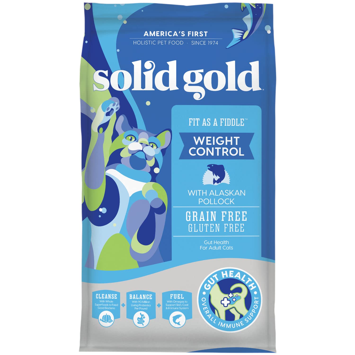 Solid Gold Fit as a Fiddle Weight Management Dry Cat Food - Low Calorie Grain-Free Recipe with Alaskan Pollock, Superfoods & Probiotics for Digestive Health & Immunity Support - Ideal for Indoor Cats & Weight Control Diets