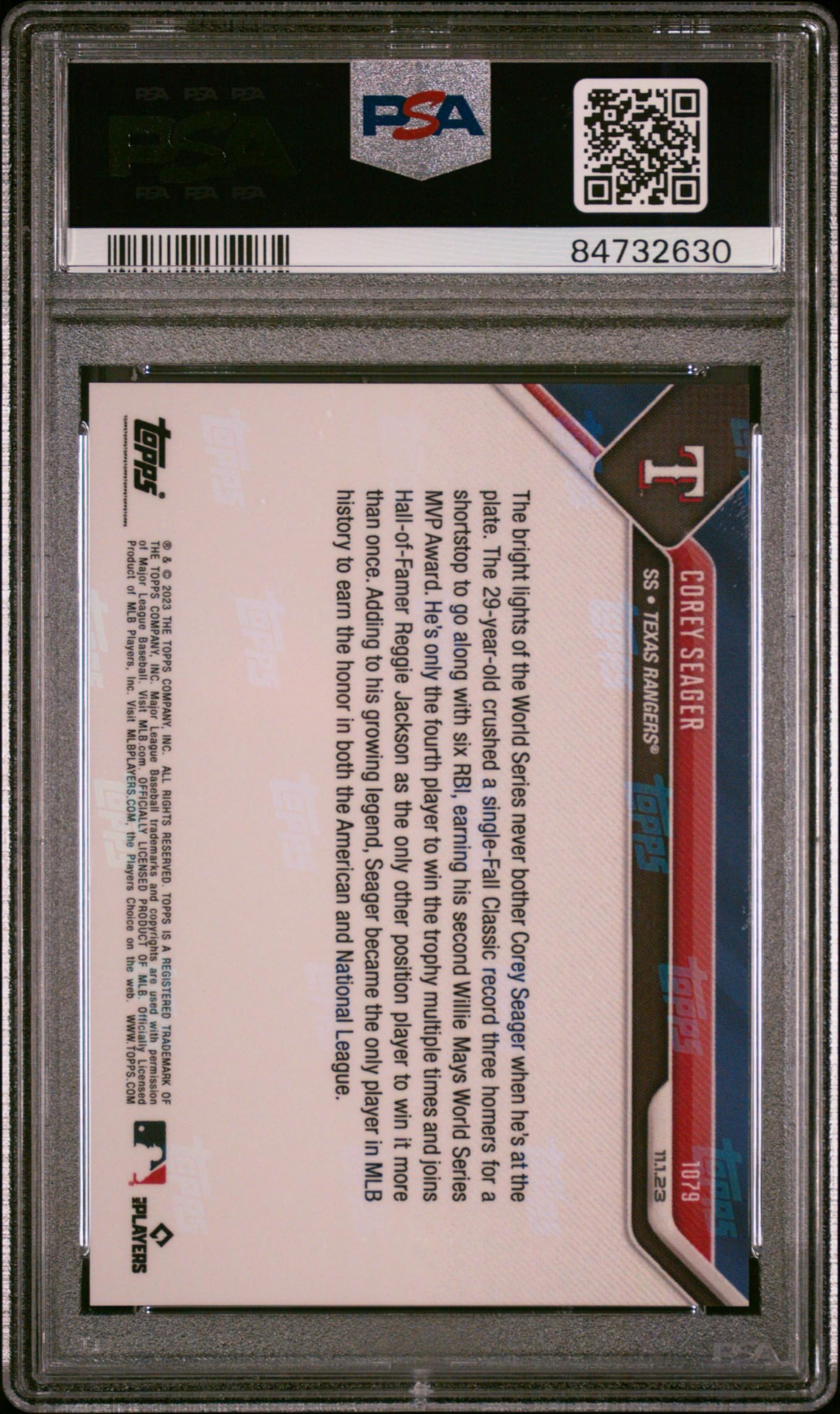 Corey Seager 2023 Topps Now World Series MVP Baseball Card #1079 PSA 10 Gem Mint - Collectible Sports Memorabilia for Baseball Fans and Card Collectors
