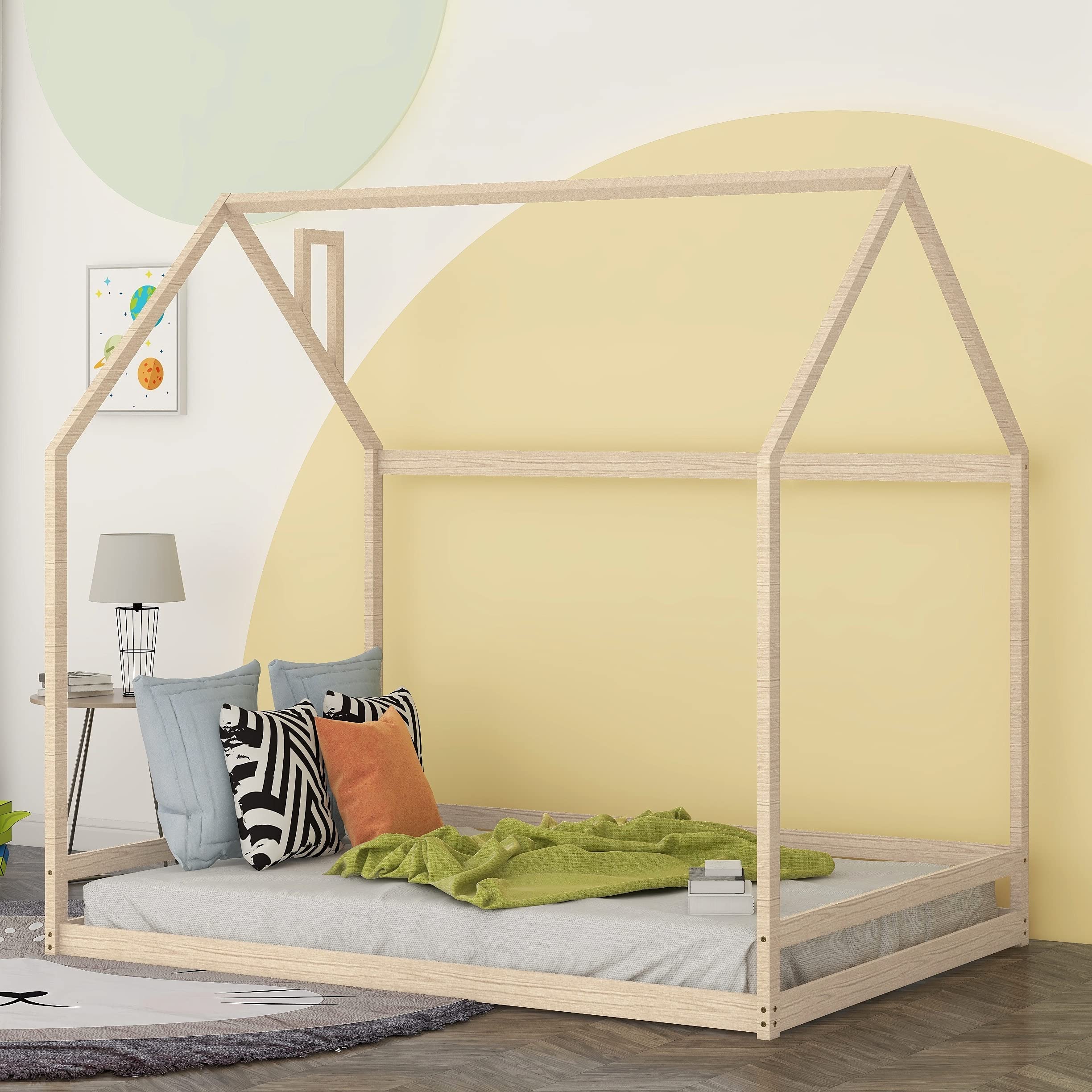 **Full Size House Bed for Kids - Wooden Bed Frame with Roof for Toddlers, Teens, Boys & Girls - Easy to Assemble (Natural) - Perfect for Bedrooms, Playrooms & Cozy Sleep Spaces**