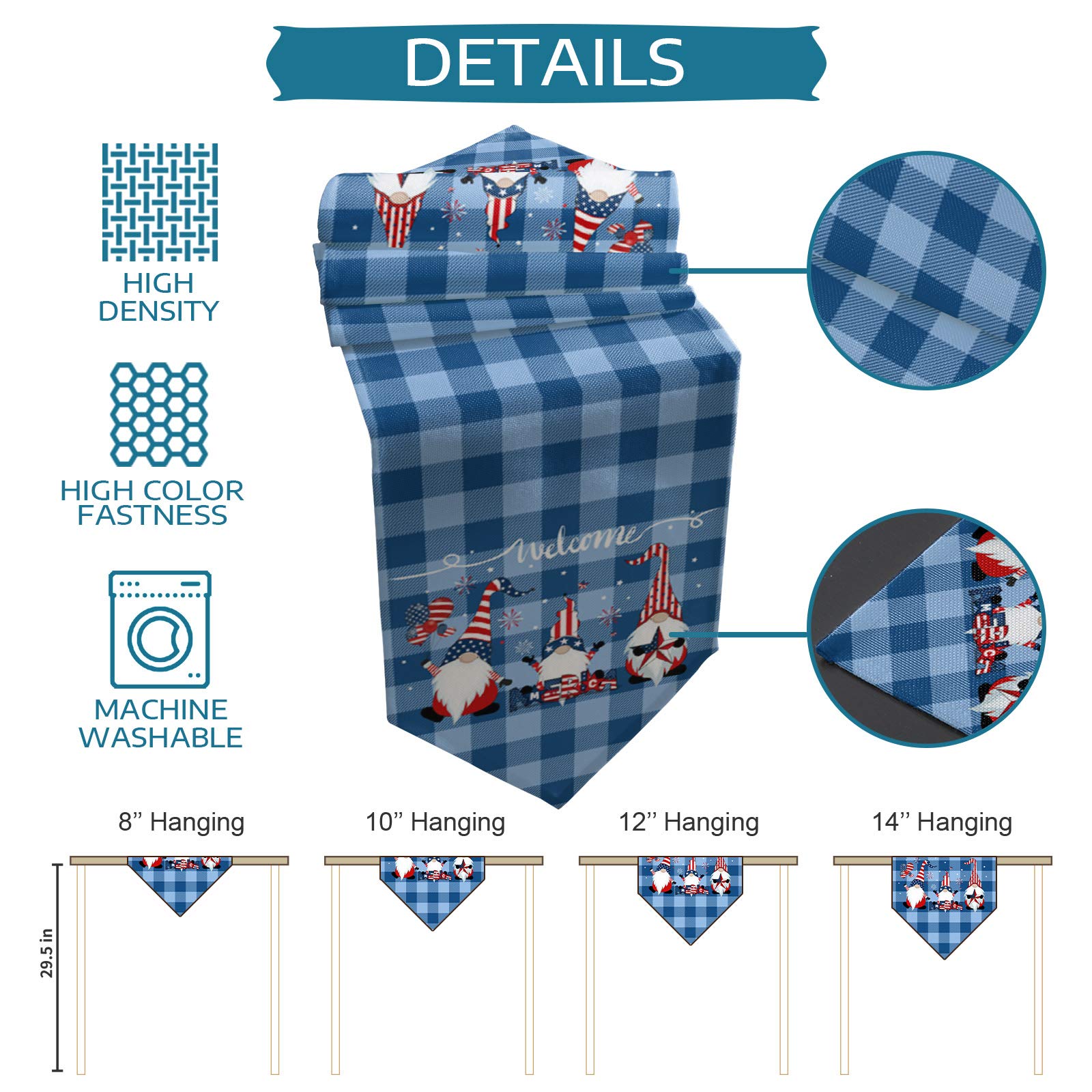4th of July Patriotic Table Runner - 13x70 Inch American Flag Striped Tablecloth with Gnomes & Stars Decor for Independence Day, Kitchen, Dining Table, Dresser - Perfect for BBQs, Parties & Holiday Celebrations