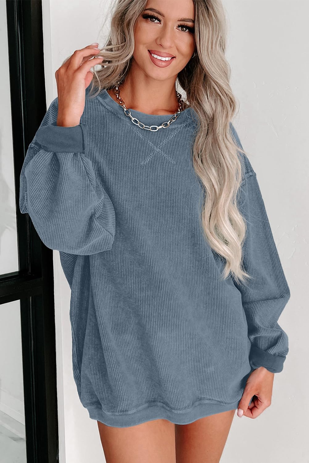 Women's Corduroy Pullover Sweatshirt - Oversized Casual Crewneck Long Sleeve Top | Cozy Fall Outfit, Streetwear Fashion, Loungewear Essential