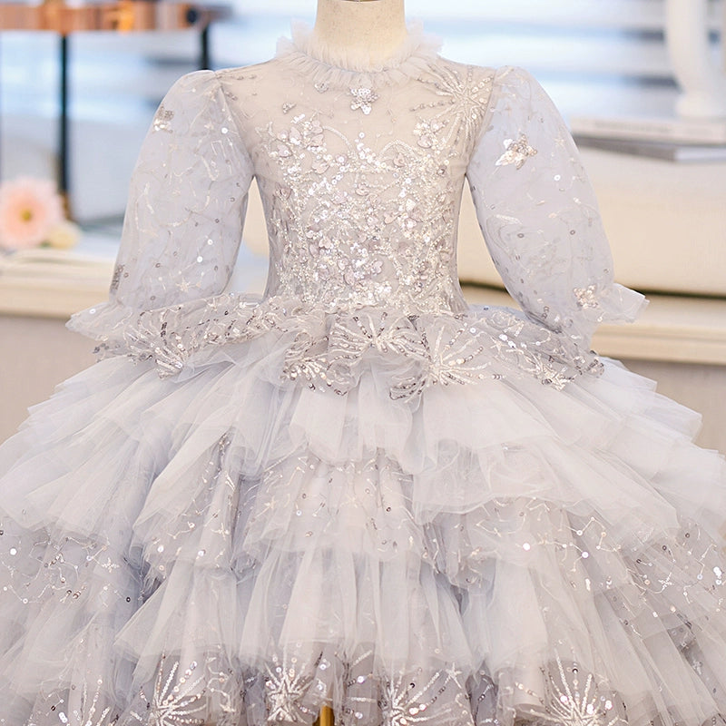 Elegant Grey Princess Round Tulle Flower Girl Dress for Weddings & Special Occasions