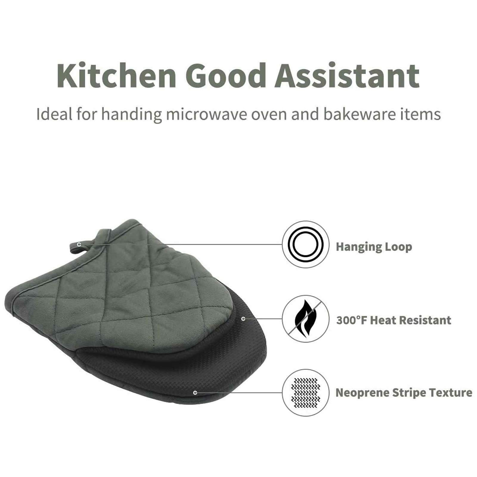Heat Resistant Mini Oven Mitts Set of 2 - 300°F Neoprene Cotton Kitchen Gloves with Non-Slip Grip & Hanging Loop - 7x6 Inch Gray Pot Holders for Baking, Grilling & Cooking - Perfect for Oven, Stovetop & BBQ Use